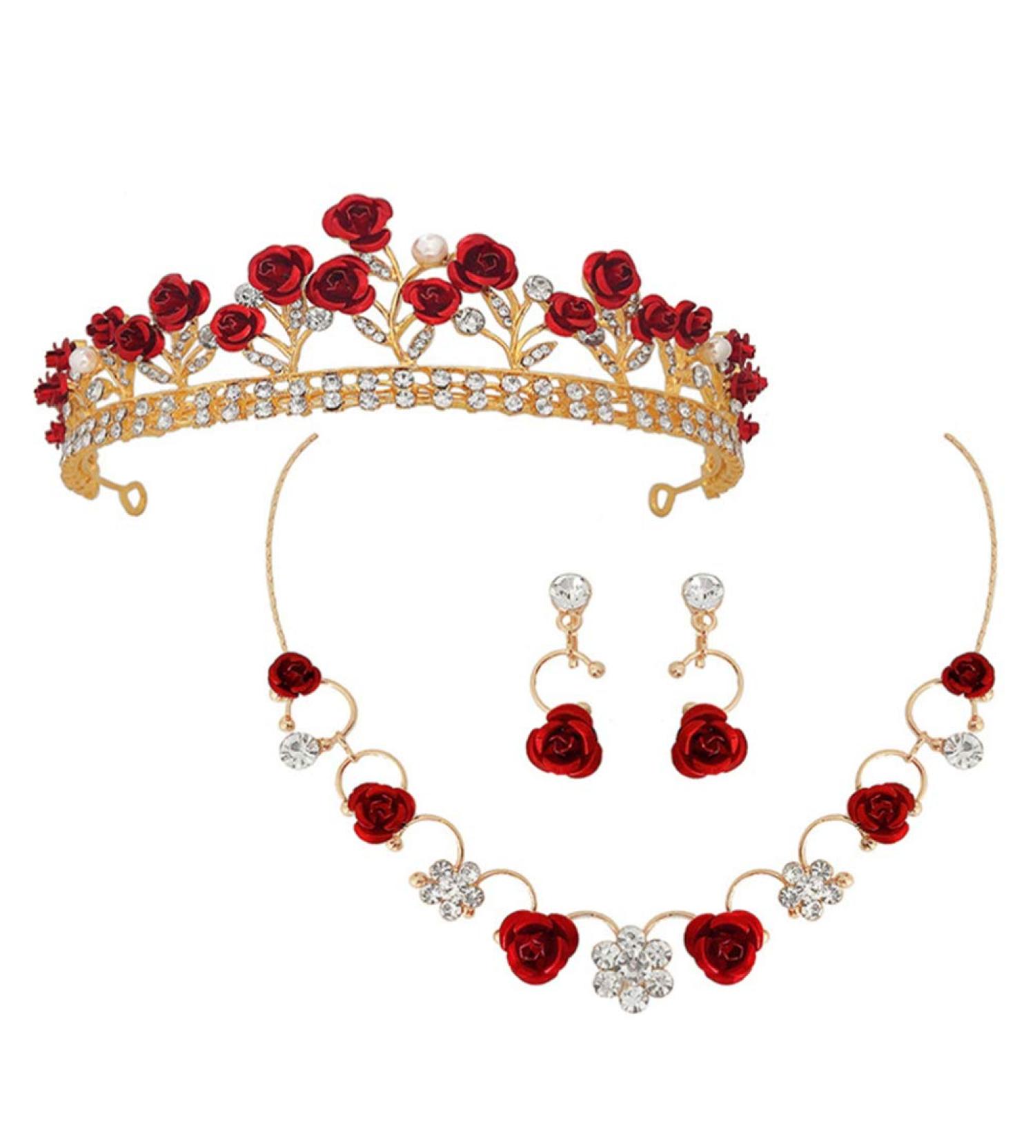 Lurrose Crystal Red Bridal Tiara Crown with Necklace and Earring - Perfect for Wedding, Pageant, Birthday Party - Queen Crown Headband for Women and Girls - Buy Online on GoSupps.com