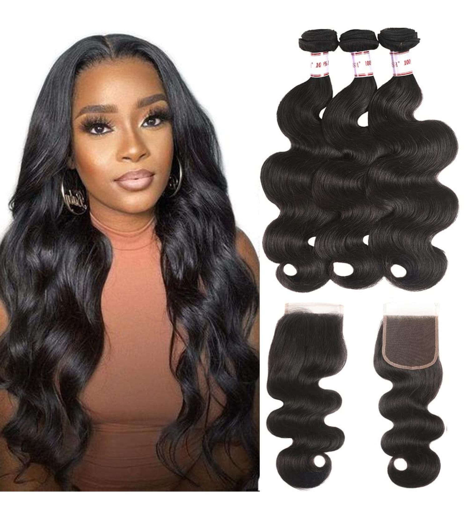 Karbalu 10A Brazilian Human Hair Body Wave 3 Bundles with Lace Closure - 100% Unprocessed Remy Human Hair Bundles - Wet and Wavy - Natural Color - 14 16 18+12 - Buy Online on GoSupps.com
