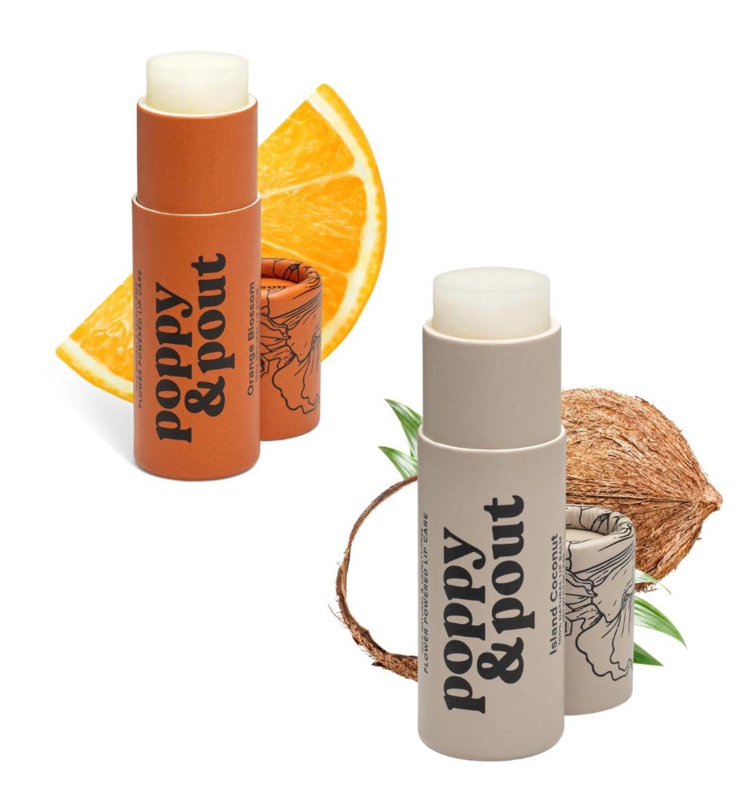Poppy & Pout Jumbo Lip Balm 2 Pack All Natural Lip Balms & Moisturizers Hydrates with Beeswax Vitamin E Organic Coconut Island Coconut & Orange Bloom - Buy Online on GoSupps.com