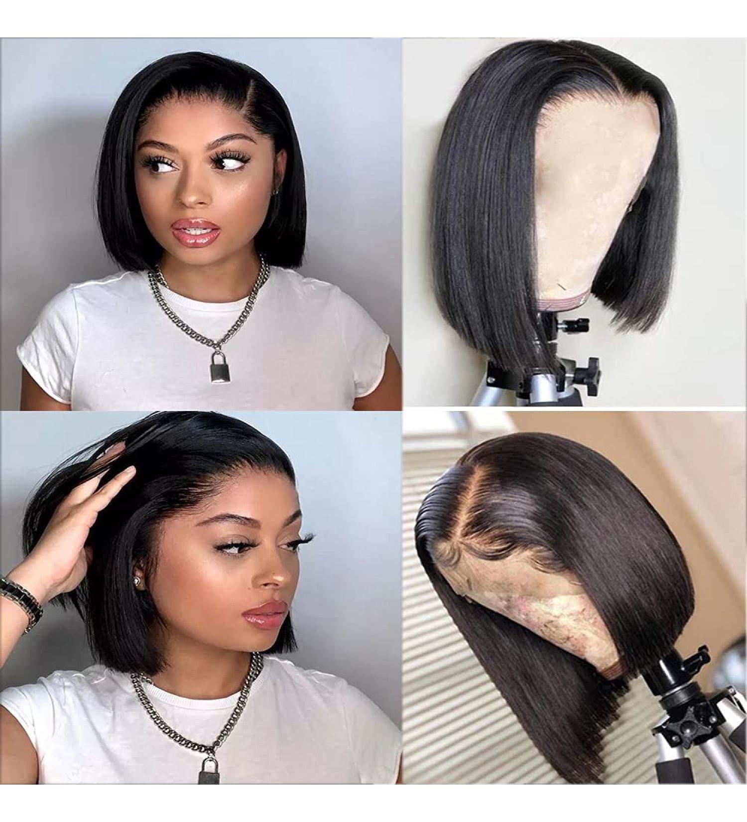 Hibaby 8 Inch Short Bob Human Hair Lace Front Wig for Black Women - Brazilian Virgin Hair, Deep Parting, Natural Color, Pre Plucked with Baby Hair - Glueless - Buy Online on GoSupps.com