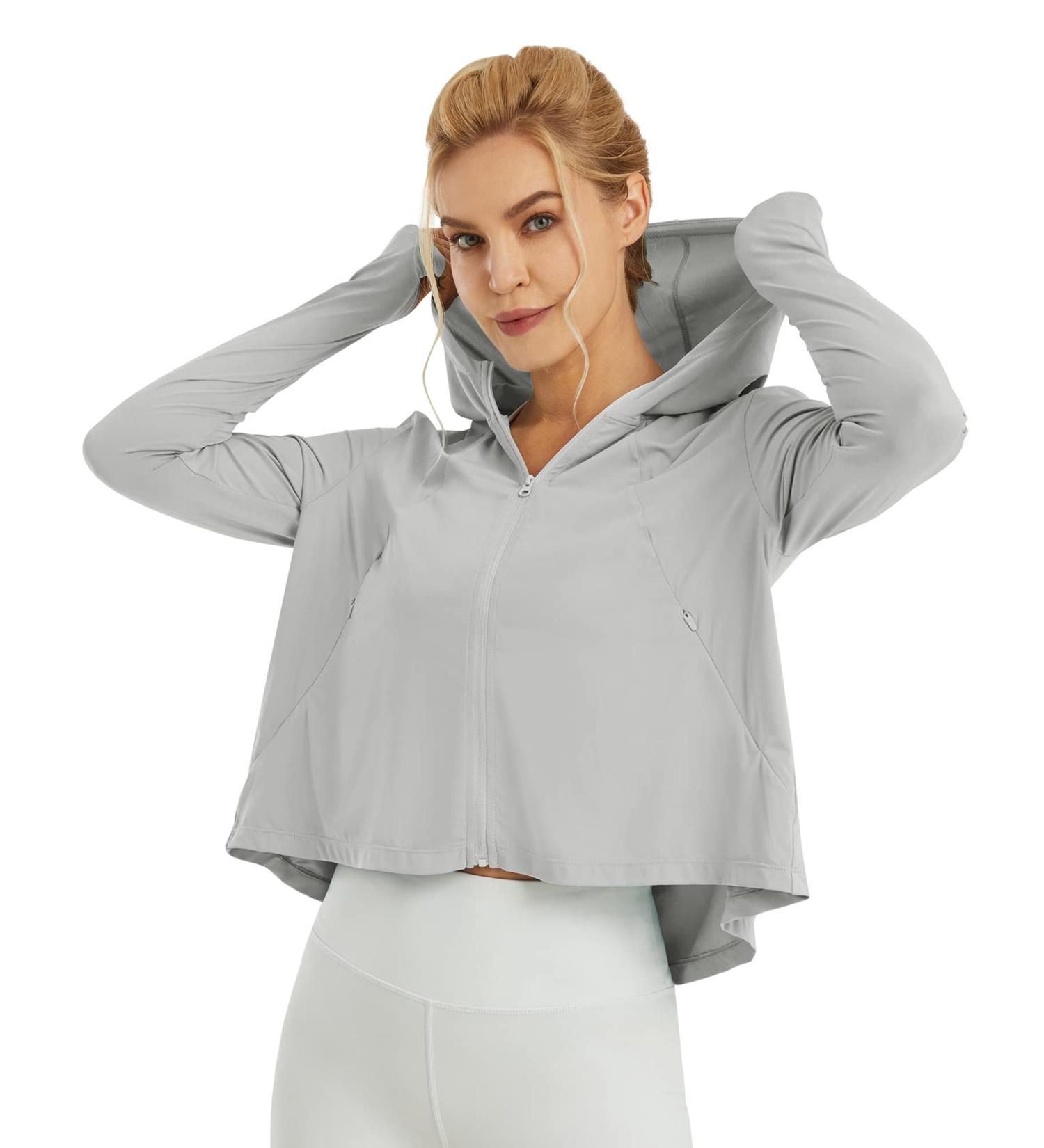 Shop G4Free Women's Long-Sleeved UV Protection Hooded Jacket - Lightweight SPF Running & Hiking Shirt for Outdoor Activities - Light Gray - Buy Online on GoSupps.com