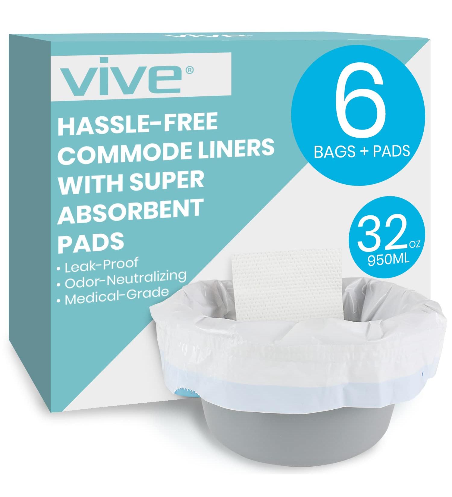 Vive Commode Liners with Absorbent Pads (6 Pack) - Disposable Porta Potty Bags for Bariatric Folding Buckets - Leakproof Bedside Chair Replacement - Buy Online on GoSupps.com