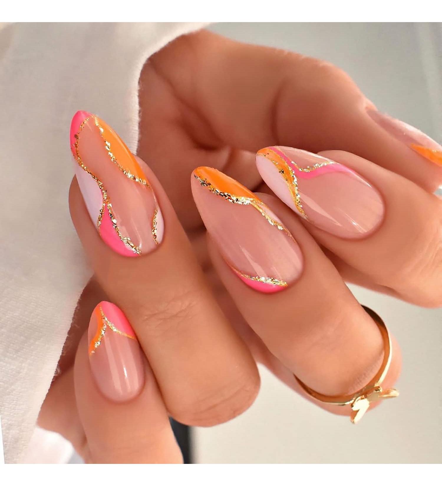 Medium Almond Orange Pink Press on Nails with Gold Line Design - 24 Pcs | Summer False Nails for Women - Buy Online on GoSupps.com