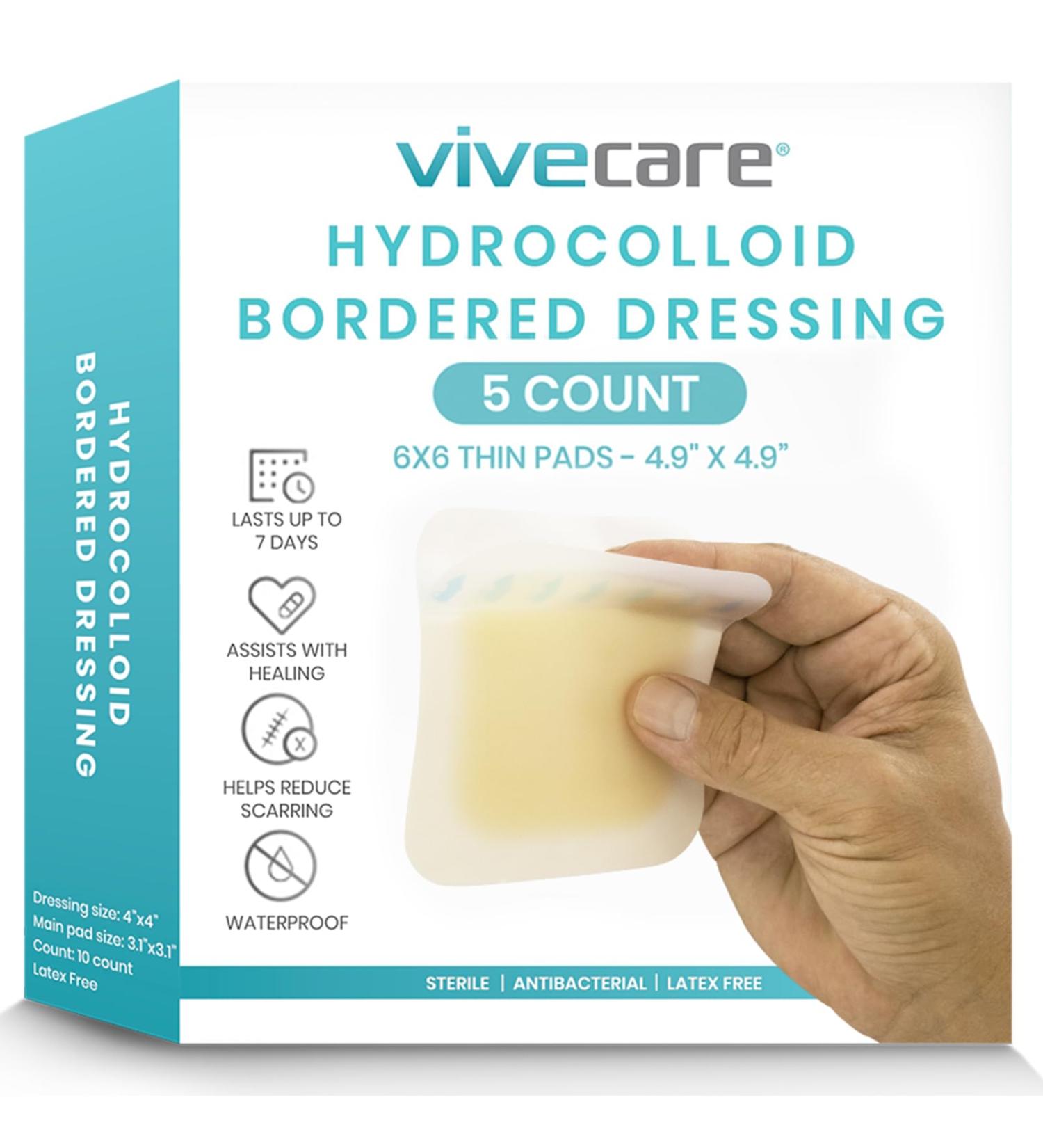 ViveCare Hydrocolloid Bandages 6x6 | Large Sterile Hydrocolloid Dressings for Blisters Burns & Bed Sores | Waterproof 5 Pack - Buy Online on GoSupps.com