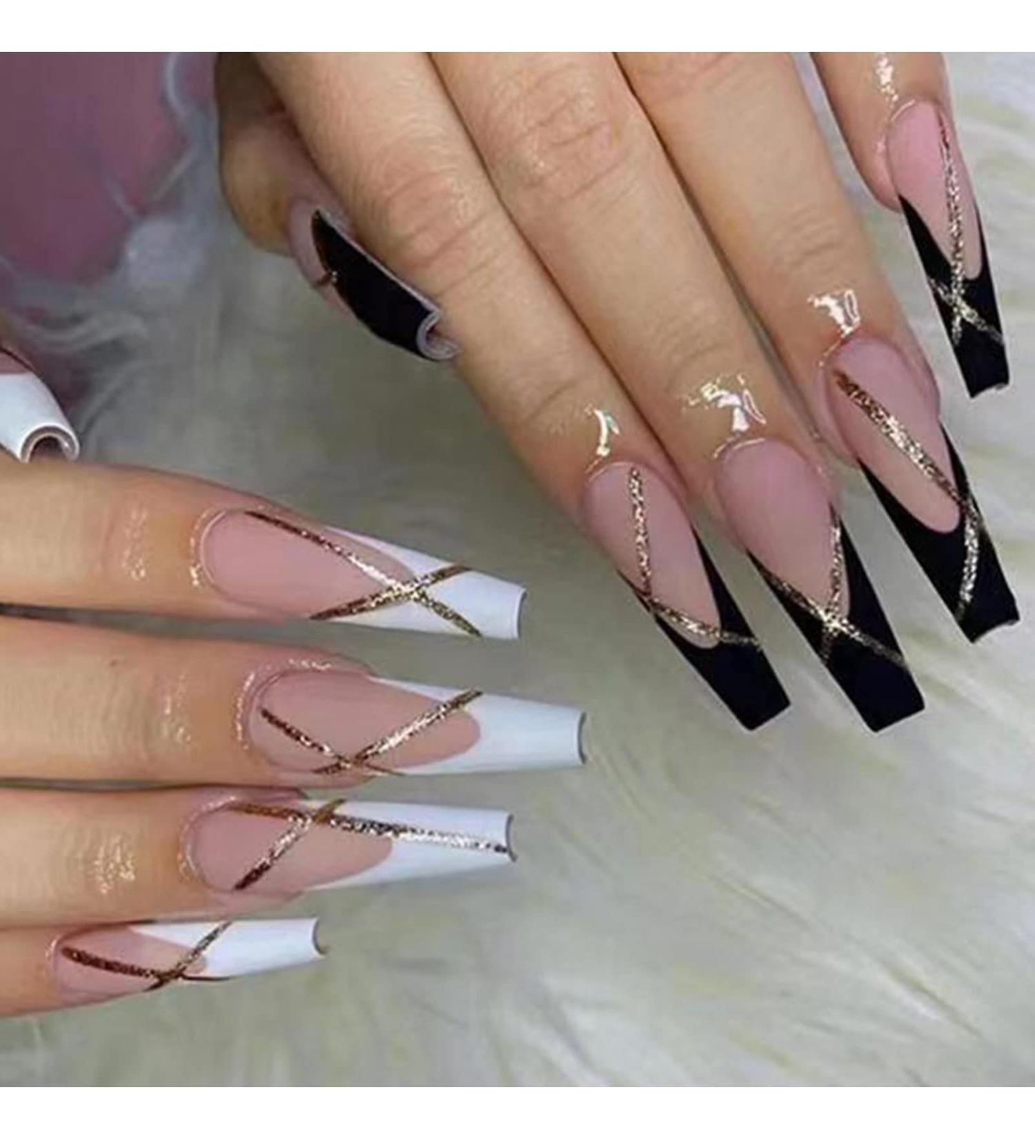 Justotry 24 Pieces Black & White French Press on Nails - Ballerina Coffin Fake Nails for Women | Long-lasting & Easy to Apply - Buy Online on GoSupps.com