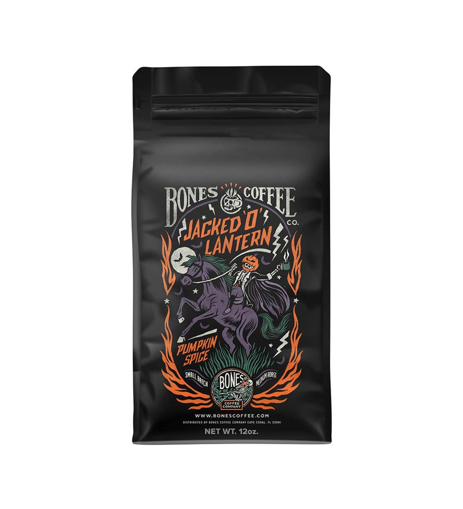 Bones Coffee Company Jacked 'O' Lantern Pumpkin Spice Flavored Coffee | 12 oz Ground Low Acid Medium Roast Gourmet Beans - Buy Online on GoSupps.com