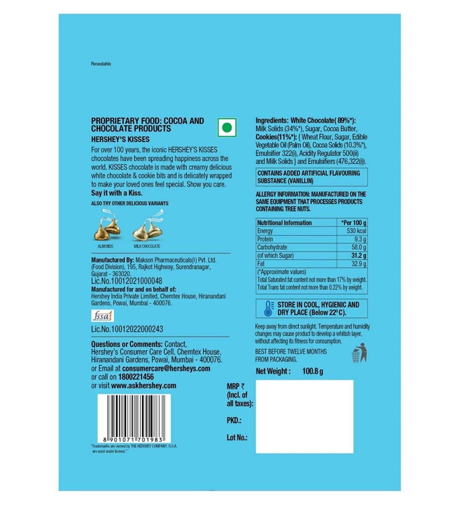 Hershe Kisses Cookies n Cr me Chocolates (100.8 g) Pack of 6 - Buy Online on GoSupps.com