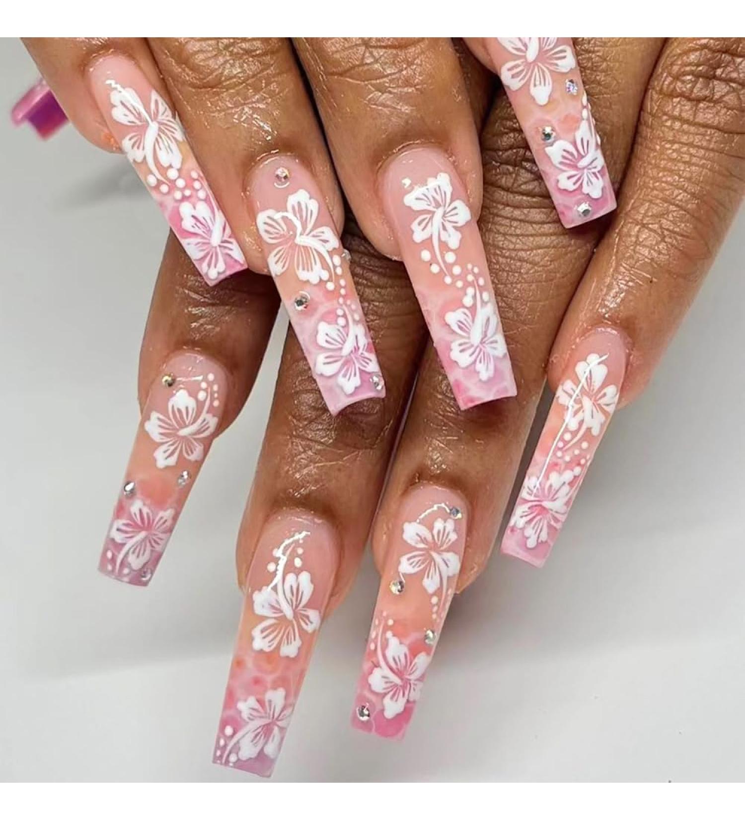 Pink Coffin Press-On Nails with Rhinestone White Flower Design - 24Pcs Acrylic Fake Nails for Women & Girls - Perfect for Weddings & Birthdays - Buy Online on GoSupps.com