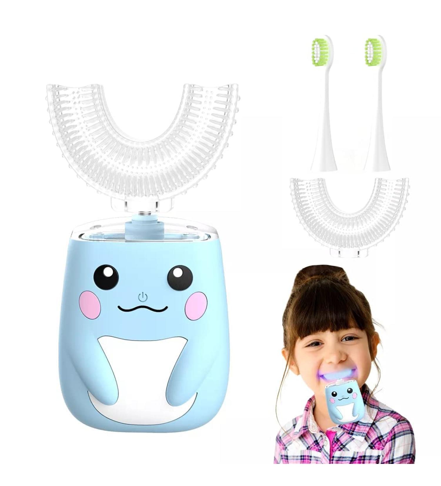 Kids Electric U-Shaped Ultrasonic Toothbrush | 2 Brush Heads | 6 Cleaning Modes | IPX7 Waterproof | Cartoon Design | Age 2-7 | Blue - Buy Online on GoSupps.com