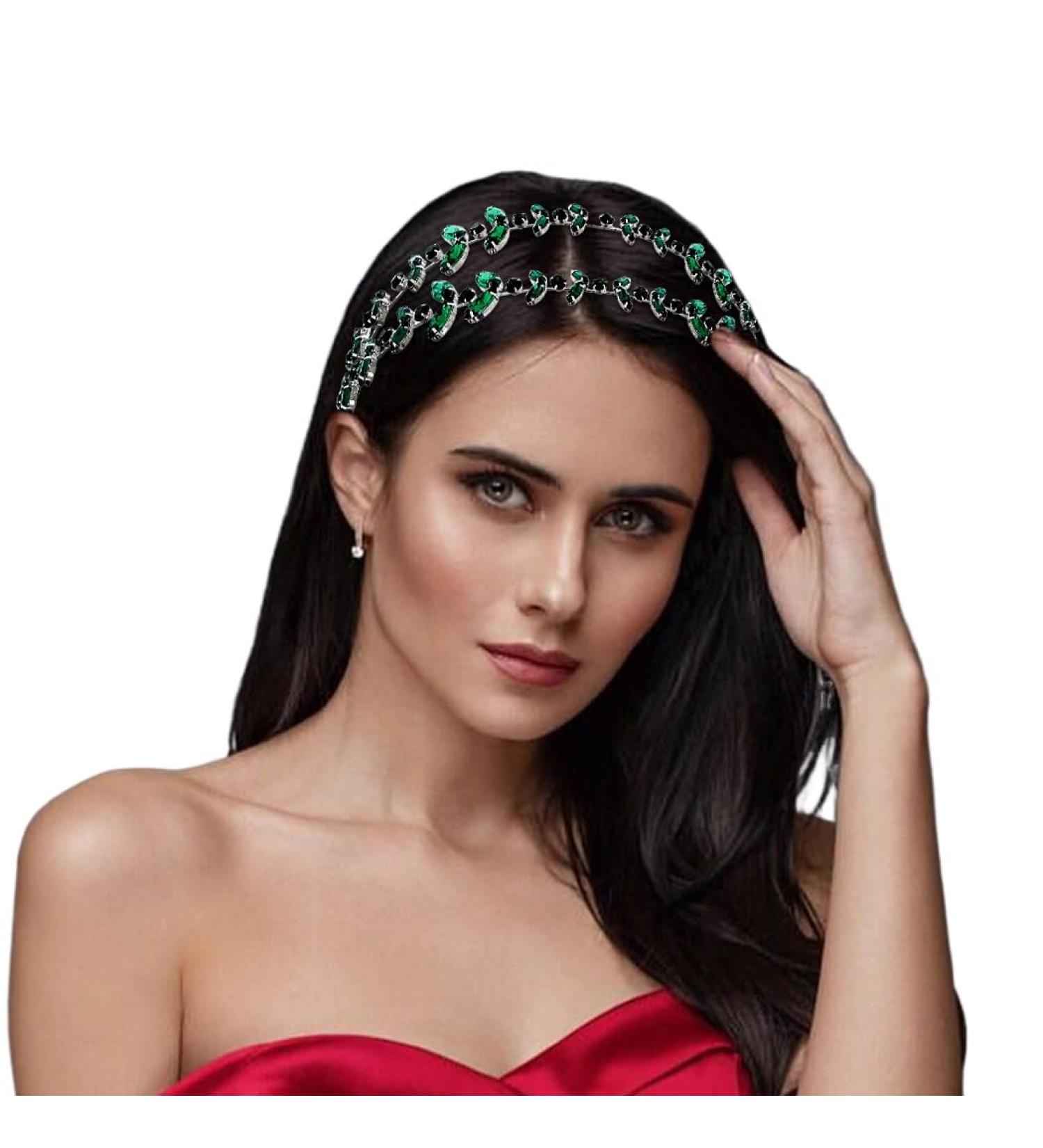 IYOU Crystal Wedding Headband Crown Sparkly Rhinestone Green Double Layer Headpiece Tiara Bridesmaid Guest Queen Hair Accessories for Women - Buy Online on GoSupps.com