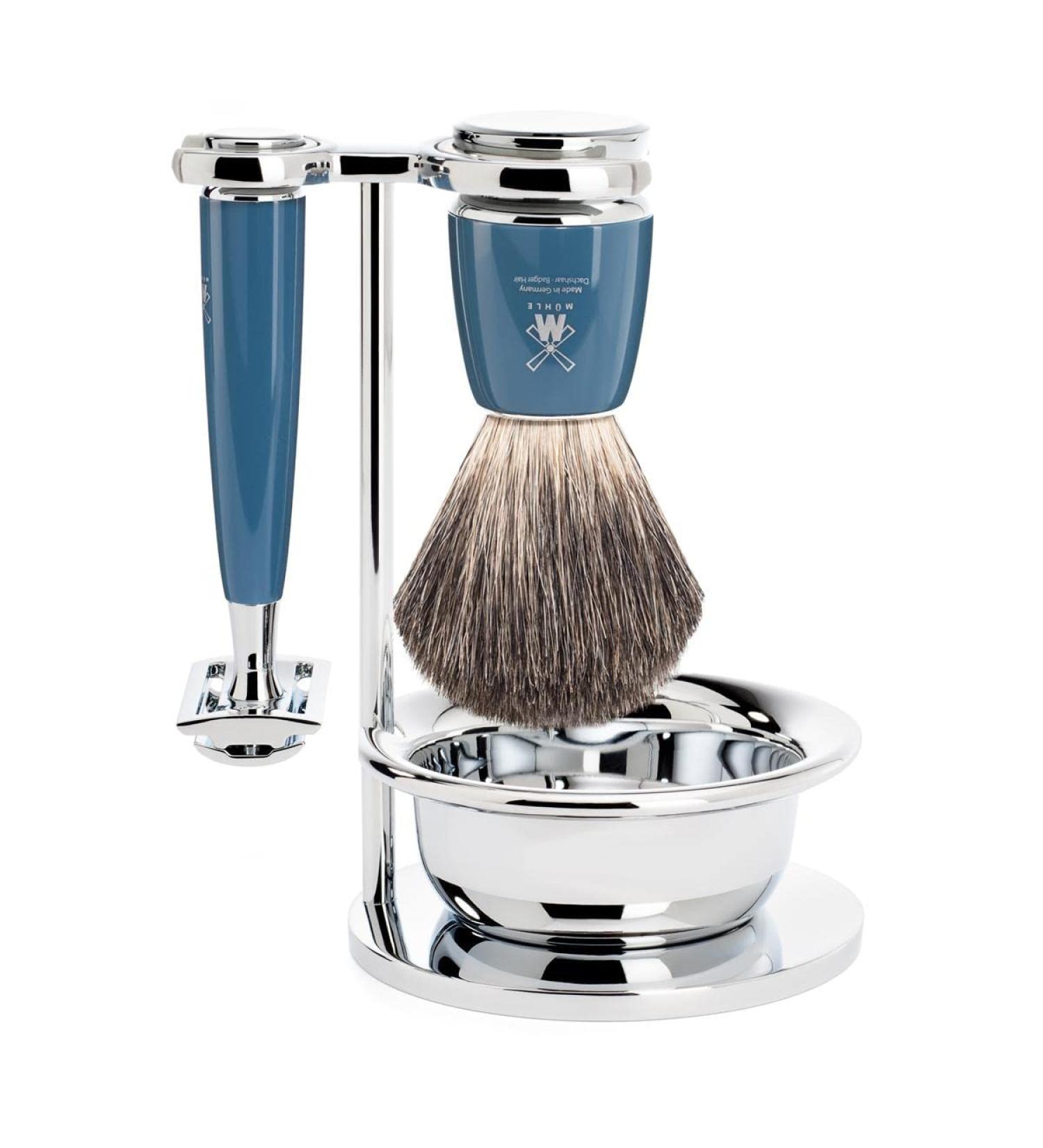M HLE RYTMO 4-Piece Pure Badger Double Edge Safety Razor Shaving Set - Barbershop Quality for Close, Smooth Shave - Petrol Blue - Buy Online on GoSupps.com