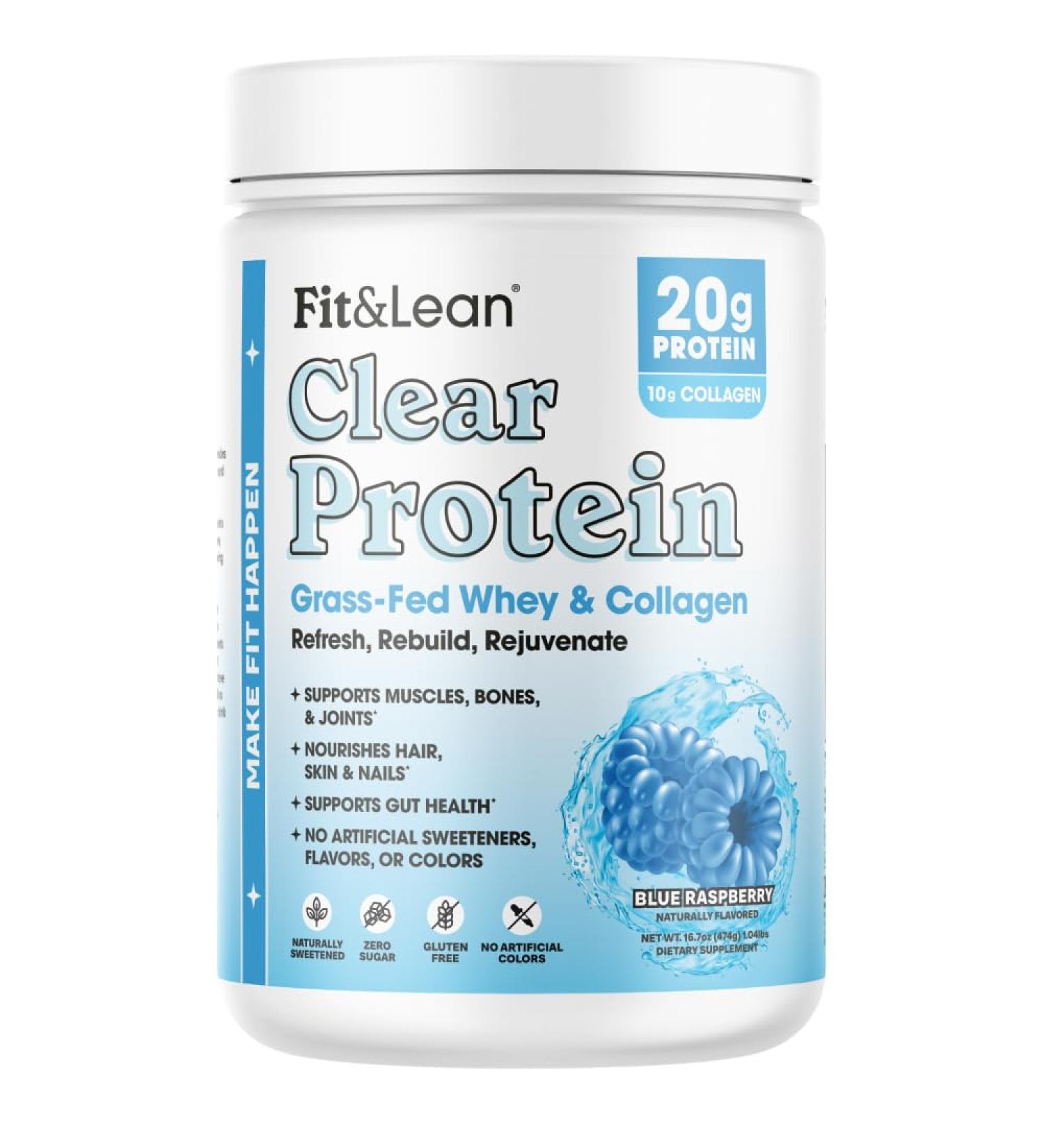 Fit & Lean Clear Protein Powder with Whey Isolate Protein and Collagen Grass Fed Muscle Recovery Skin Joints GLP-1 Support 0g Sugar Blue Raspberry 20 Servings Blue Raspberry 1.04 Pound (Pack of 1) - Buy Online on GoSupps.com
