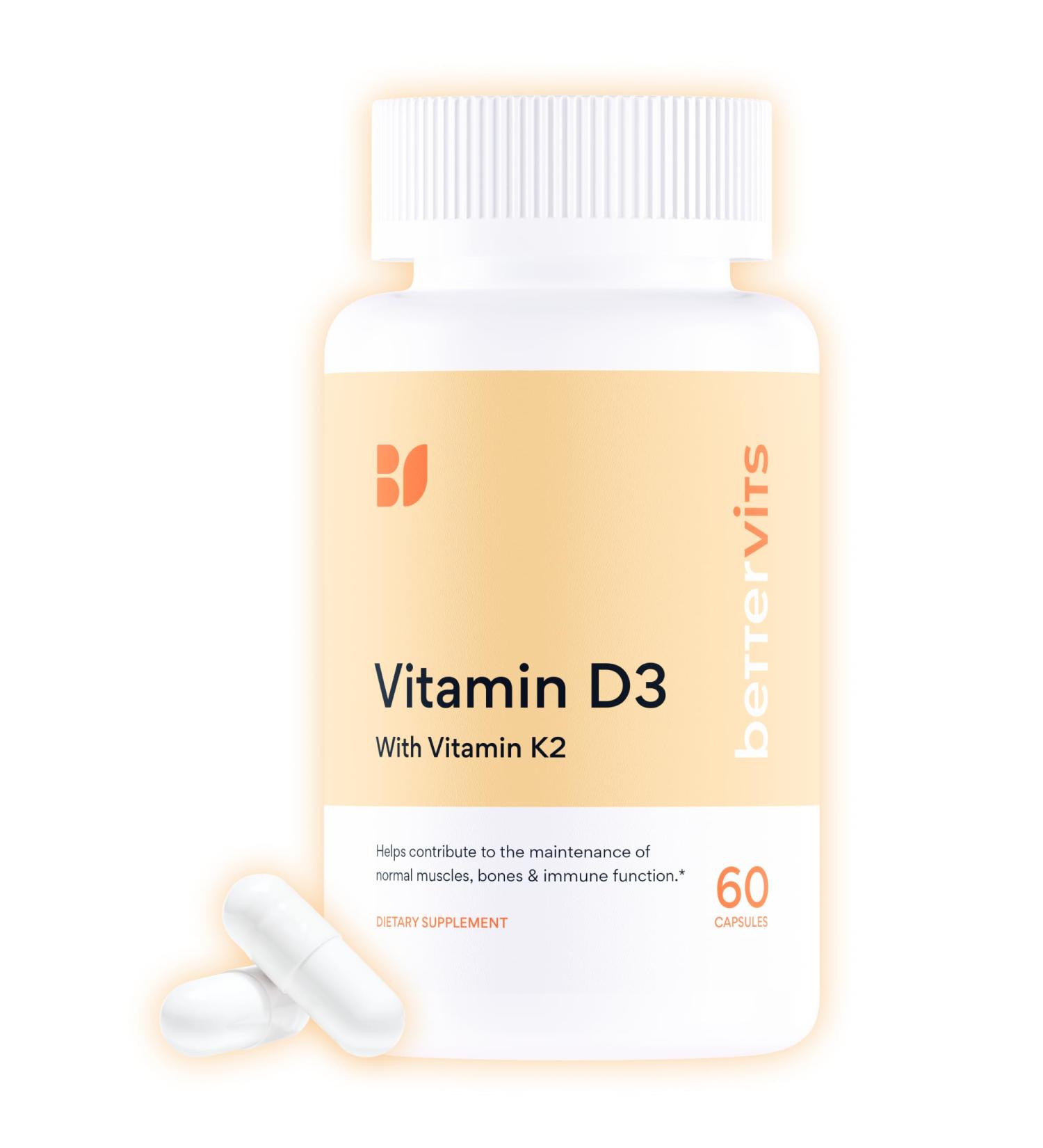 Bettervits Vitamin D3 5000 IU for Women and Men | with High Strength K2 Vitamins for Immune Support and Bone Health | Vitamin D Supplements with Calcium Absorption | 60 Vegetarian Capsules - Buy Online on GoSupps.com