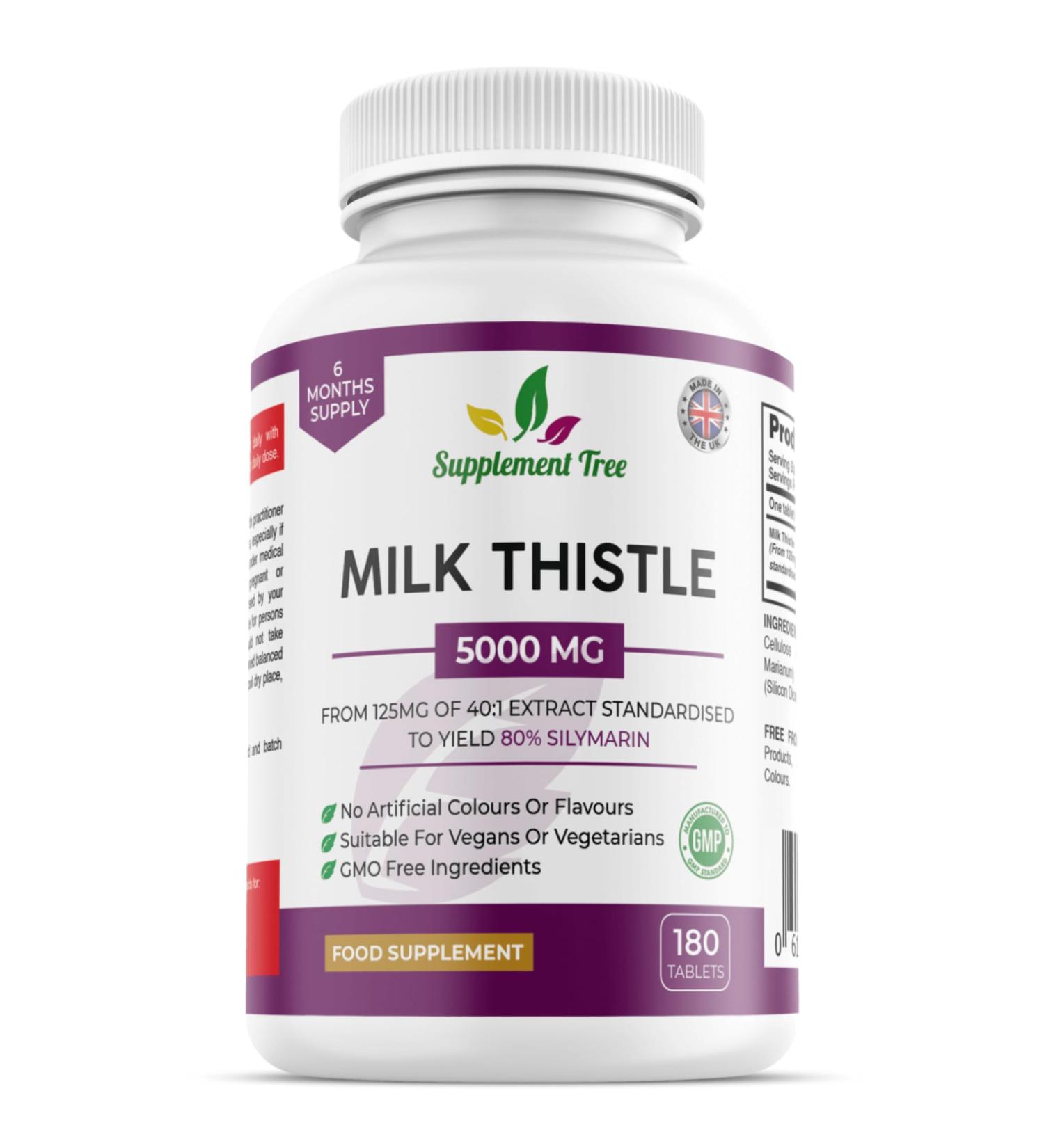 Supplement Tree Milk Thistle Tablets 5000mg - 180 Vegan Tablets, High Strength 80% Silymarin Extract - 6 Months Supply, UK Made - Buy Online on GoSupps.com