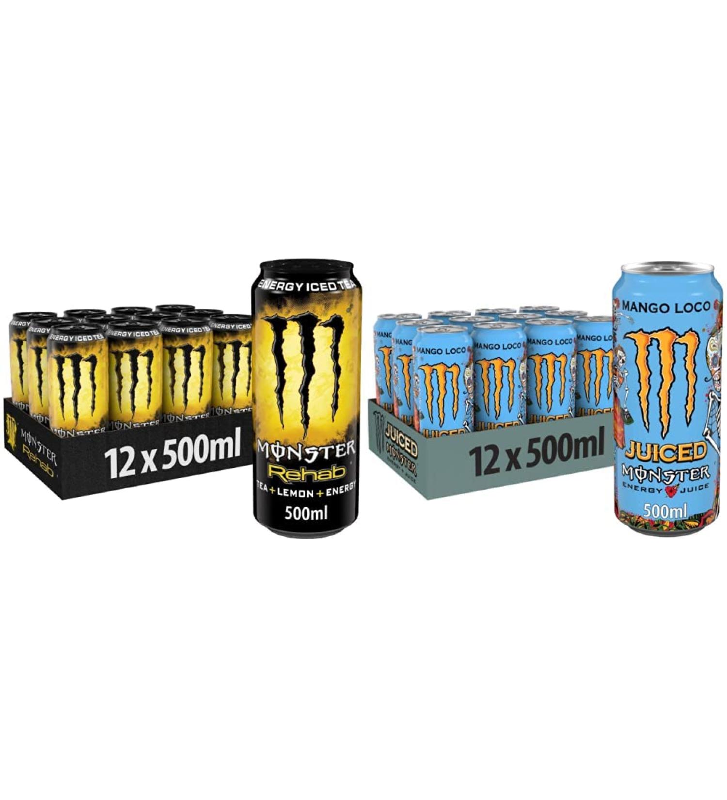 Buy Monster Energy Rehab Lemon & Mango Loco Bundle - Caffeinated Iced Tea & Tropical Fruit Energy Drink (12 x 500 ml) - International Shipping Available - Buy Online on GoSupps.com