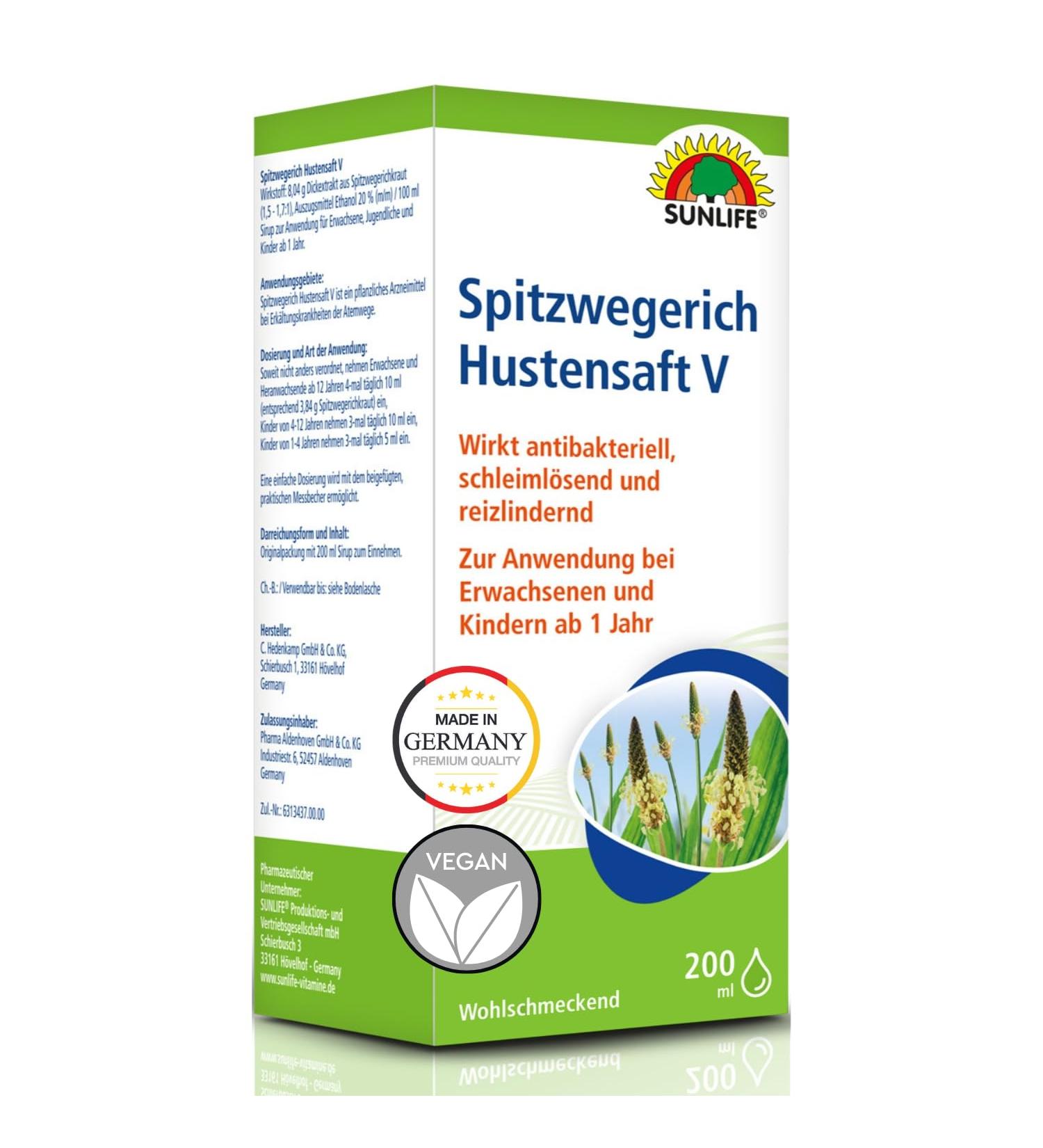 Buy Sunlife Spitzwegerich Cough Syrup 200ml - Natural Relief for Adults & Children - Ideal for Colds & Coughs - International Shipping Available - Buy Online on GoSupps.com