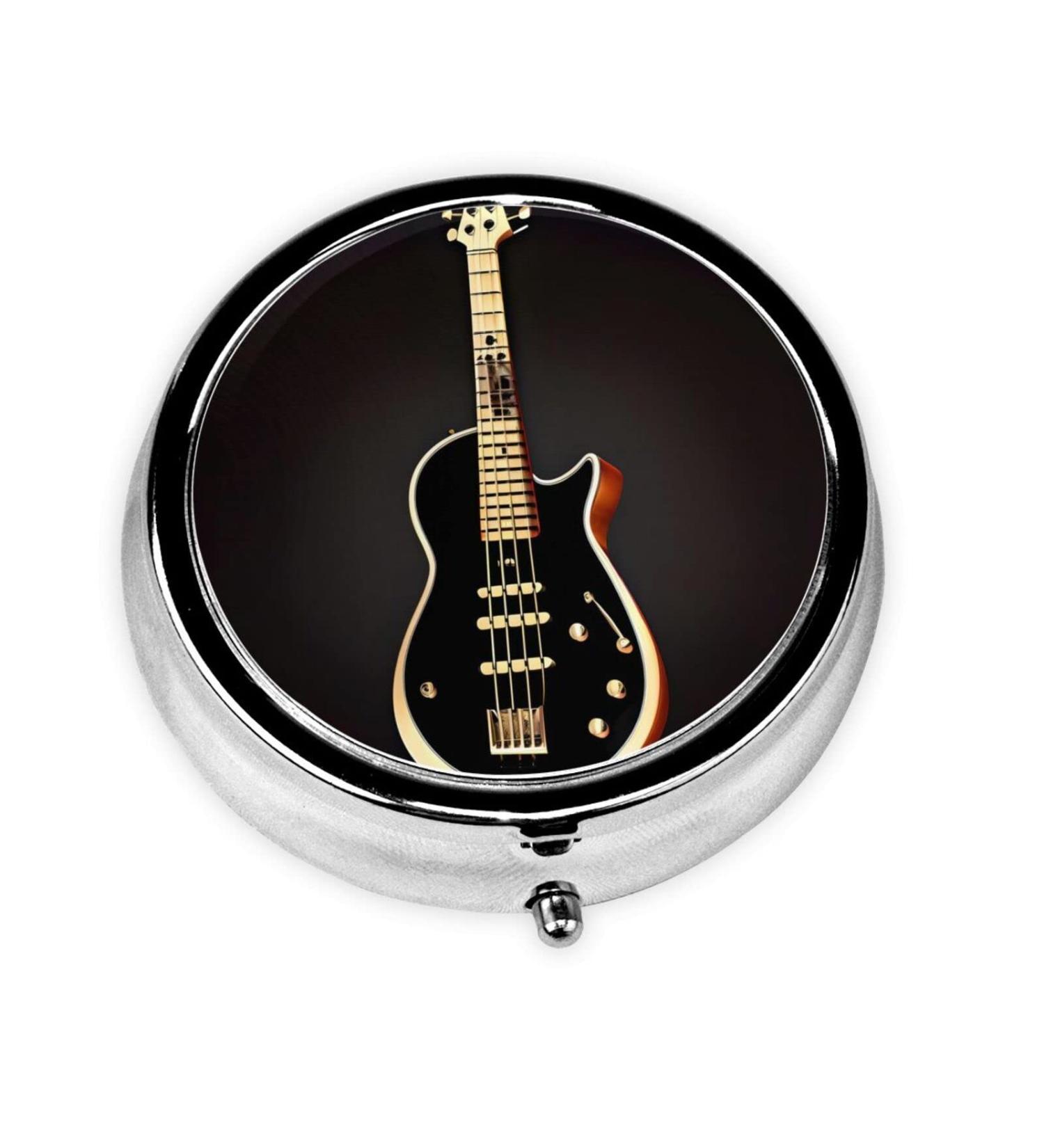Black Guitar Round Pill Box | 3 Compartment Portable Organizer for Travel & Purse - Buy Online on GoSupps.com
