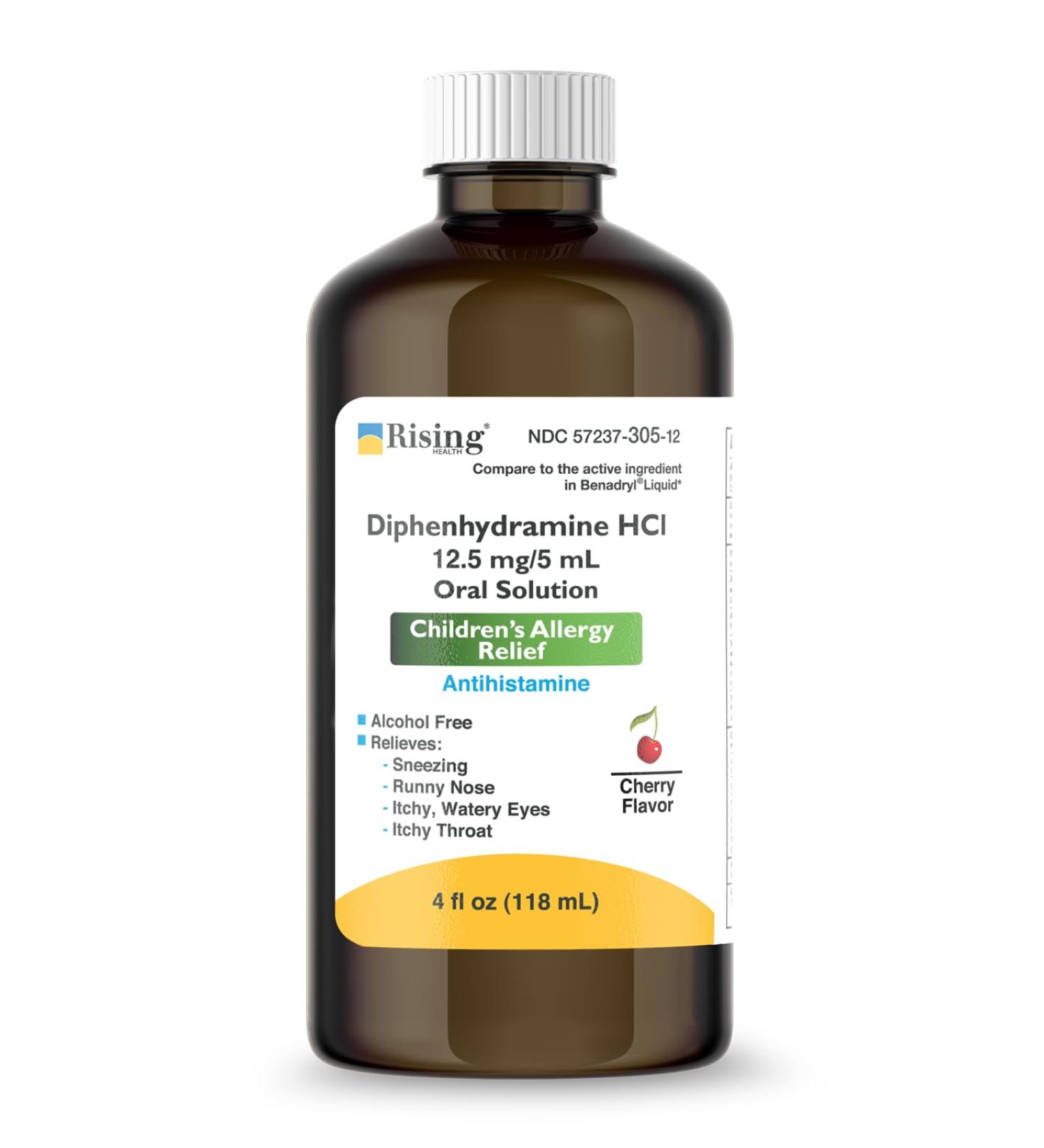 Rising Health - Allergy Relief Liquid Medicine with Diphenhydramine HCl 12.5mg/5ml - Kids' Allergy Syrup for Allergy Symptoms Like Runny Nose Itchy Eyes & More - Cherry Flavor - 4 fl. oz