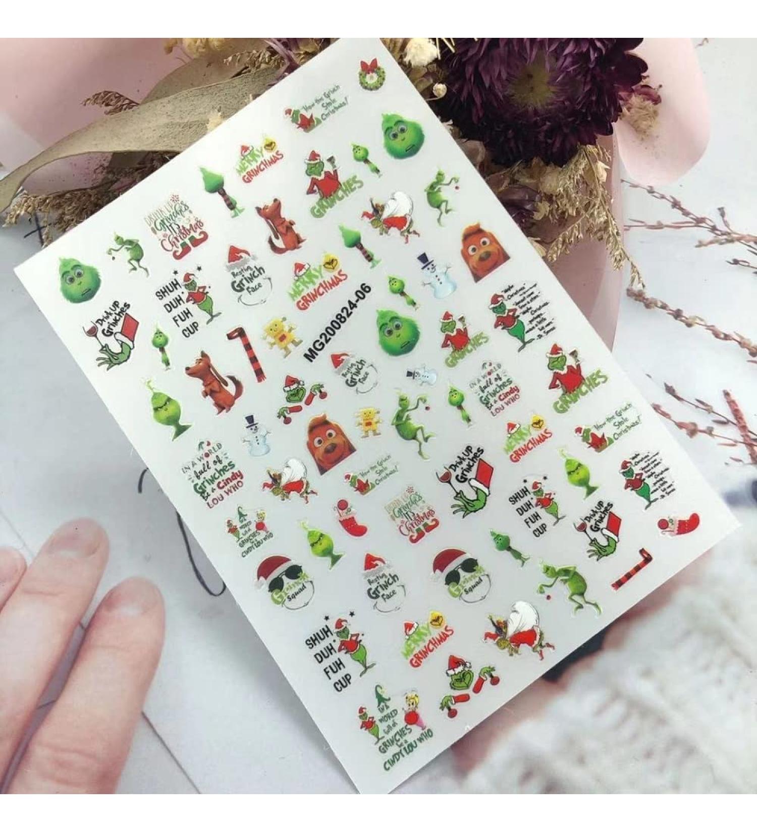 2 PCS Green Tiny Monster Nail Sticker Christmas Decal 3D Ultrathin Manicure Grinch Squad Cute Cartoon Sticker DIY Nail Art (200824-06)