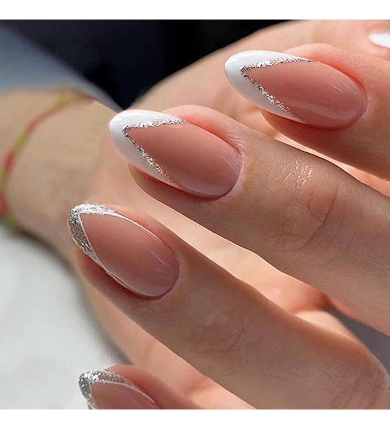 24pcs Short Oval White Glitter Silver Edge French Tip False Nails Set - Press On Nails for Women & Girls | Removable Glue-on Acrylic Full Cover Nail Art Accessories - Buy Online on GoSupps.com