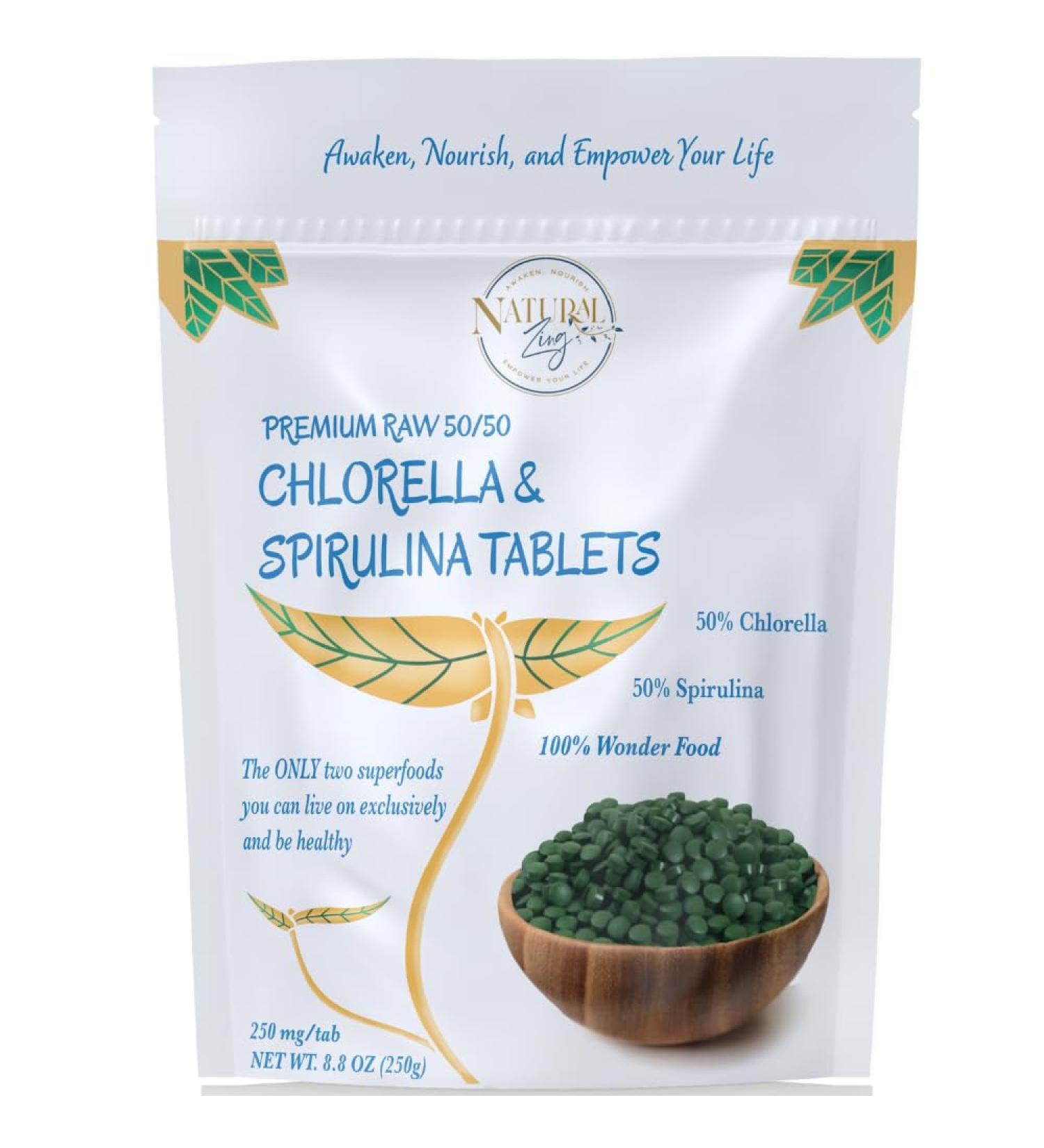 NaturalZing 100% Pure Chlorella/Spirulina Tablets | 1000 250mg Tablets | 60 Servings | 60% Protein | Vegan Protein | Omega 3s | Alkaline | Chlorophyll | Cracked Cell | Grown with Sunlight | Taiwanese - Buy Online on GoSupps.com