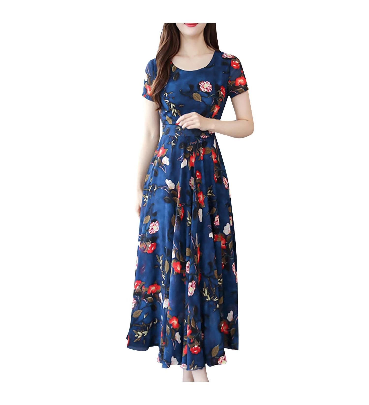 Summer Cocktail Dress: YUTANRAL Women's Elegant Floral Print Ruffle A-Line Prom Dress (Dark Blue, Large) - Buy Online on GoSupps.com