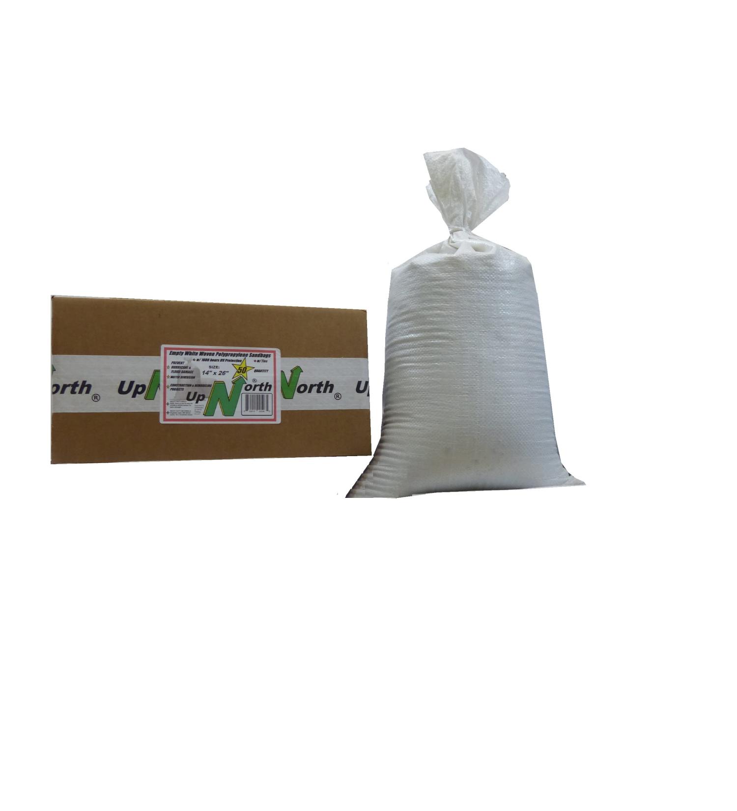 UpNorth Sandbags Box of 50 - Empty Woven Polypropylene Sand Bags with Ties - UV Protected - 14x26 White Color - Buy Online on GoSupps.com