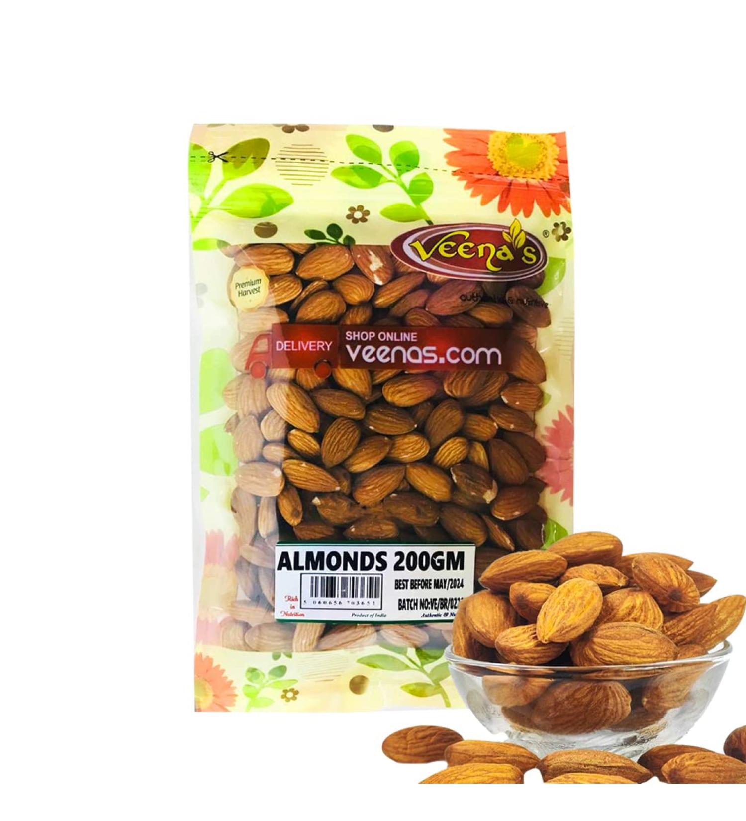 Veenas | Almonds | 200G | Indian Origin | Unroasted | Unsalted Nuts | Whole Nuts - Buy Online on GoSupps.com