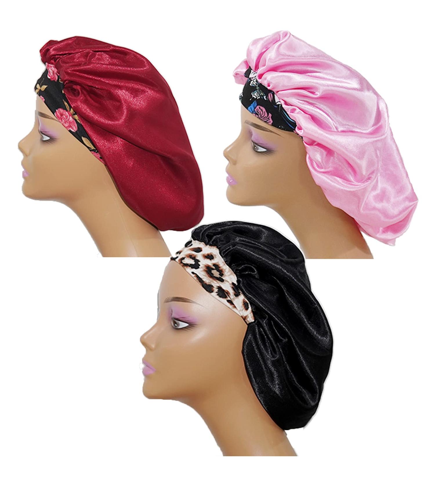 JINHU Silk Bonnet Satin Sleep Cap 3 Pcs - Wide Elastic Band for Night Sleep - Hair Loss - Curly Long Hair - Black Women - Buy Online on GoSupps.com