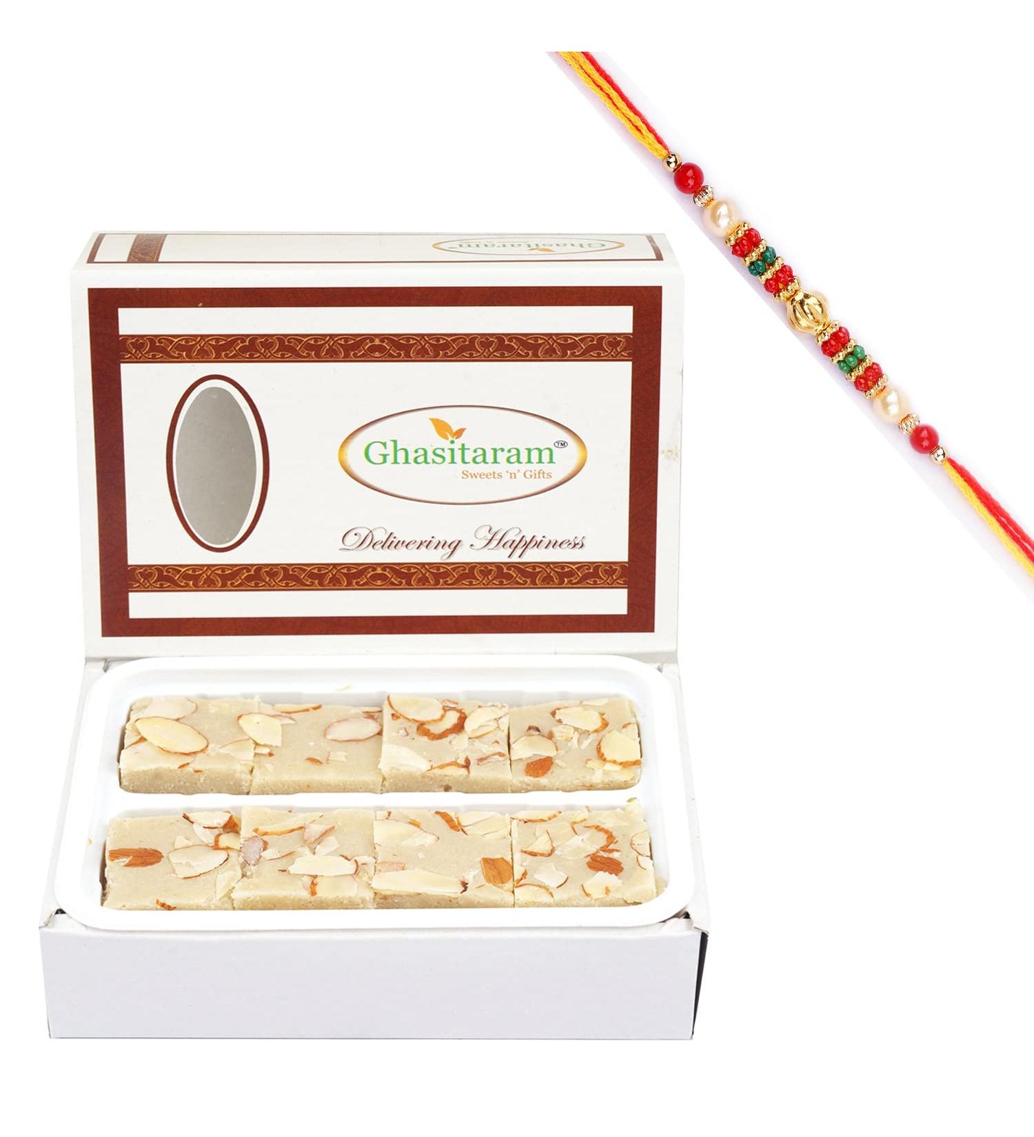Ghasitaram Gifts Rakhi Gifts for Brothers Rakhi Sweets - Pure Badam Barfi 200 GMS with Beads Rakhi - Buy Online on GoSupps.com