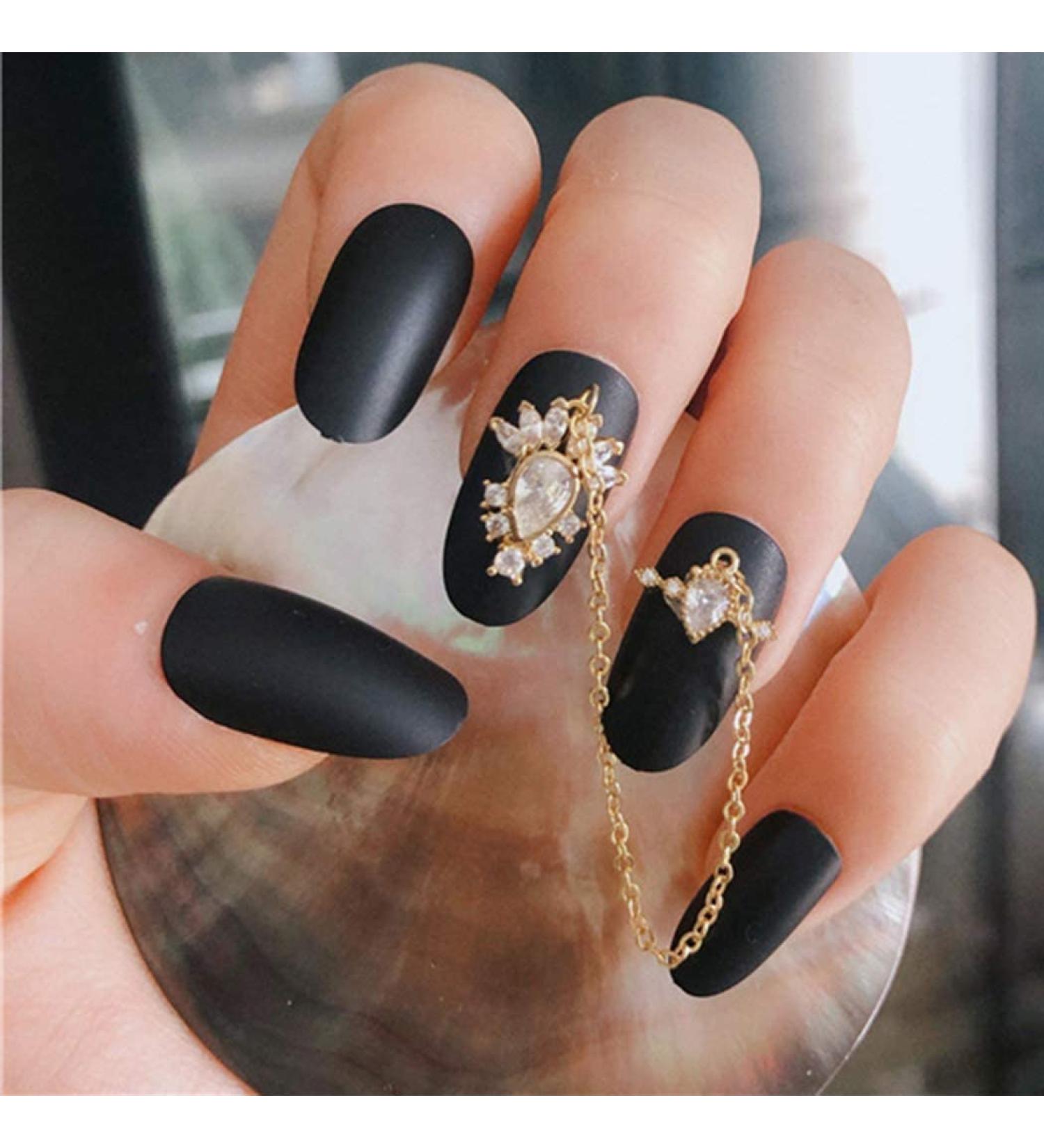 24Pcs Matte Black Oval False Nails Chic Rhinestone Gold Chain Full Cover Acrylic Fake Nails for Women and Girls - Buy Online on GoSupps.com