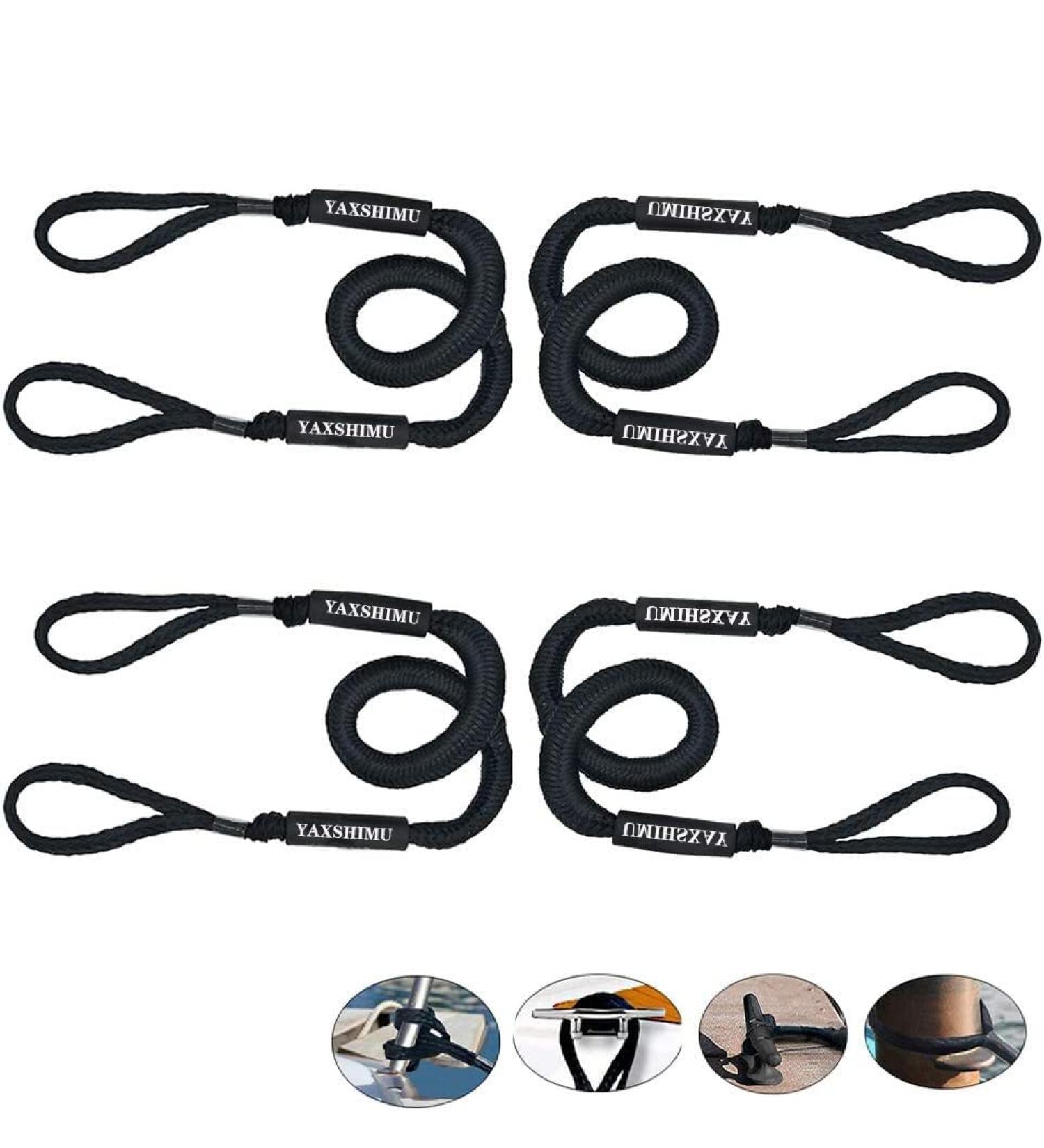 Pack of 4 Bungee Dock Lines for Boats - 4-5.5 ft Black Mooring Rope & Shock Absorb Tie - Boat Accessories - Buy Online on GoSupps.com