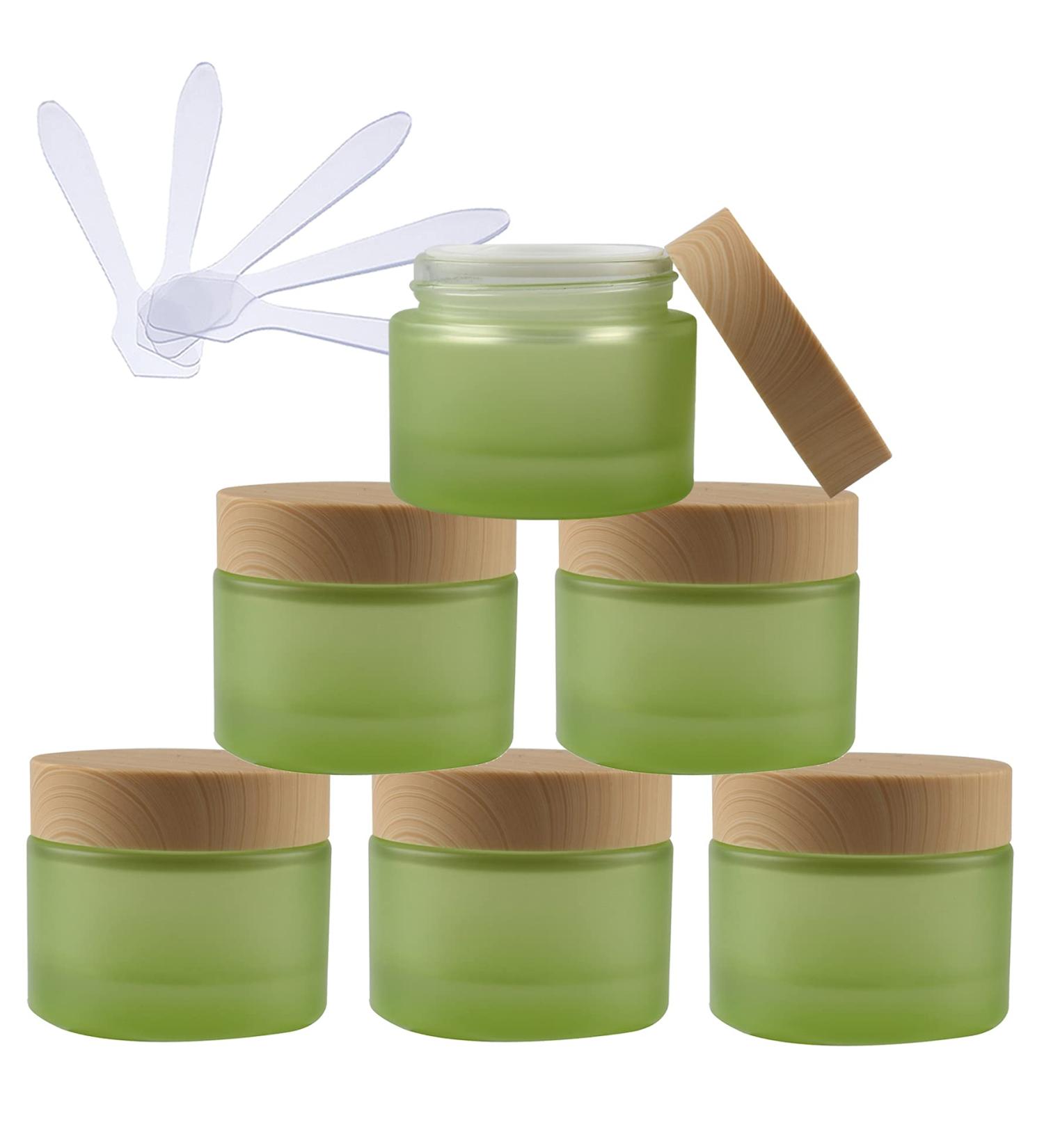 Tianzd 6 Pieces Empty 50ml Green Glass Cream Cans with Lid | Cosmetic Storage & Spatula Set | Ideal for Skin Care & Beauty Products - Buy Online on GoSupps.com