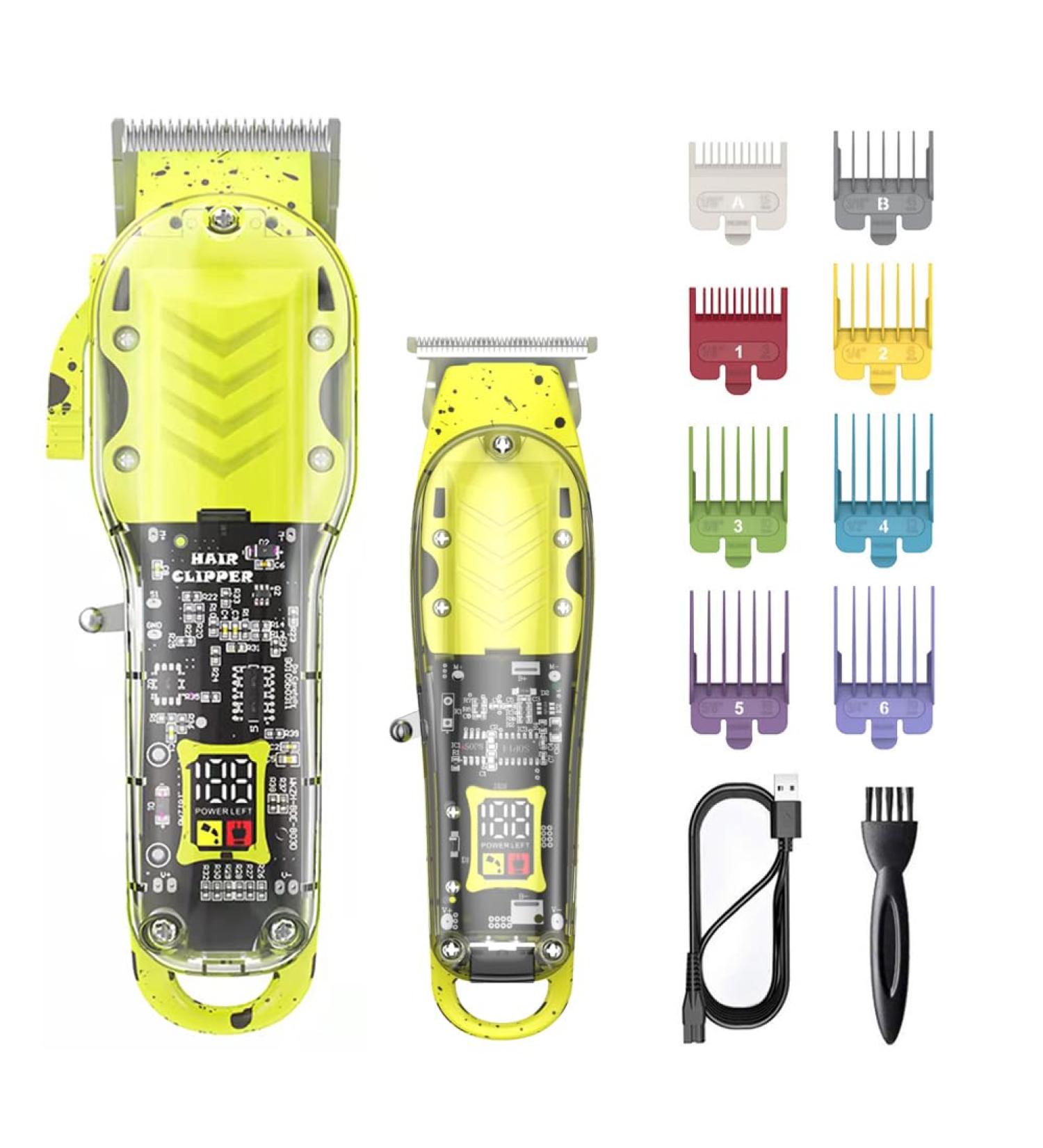 Hair Trimmer Kit for Men Professional Barber Set for Hair Beard Trimmer Quiet and Long-Lasting Charging Transparent Rechargeable Bald Fade Clippers with LED Display (Yellow)