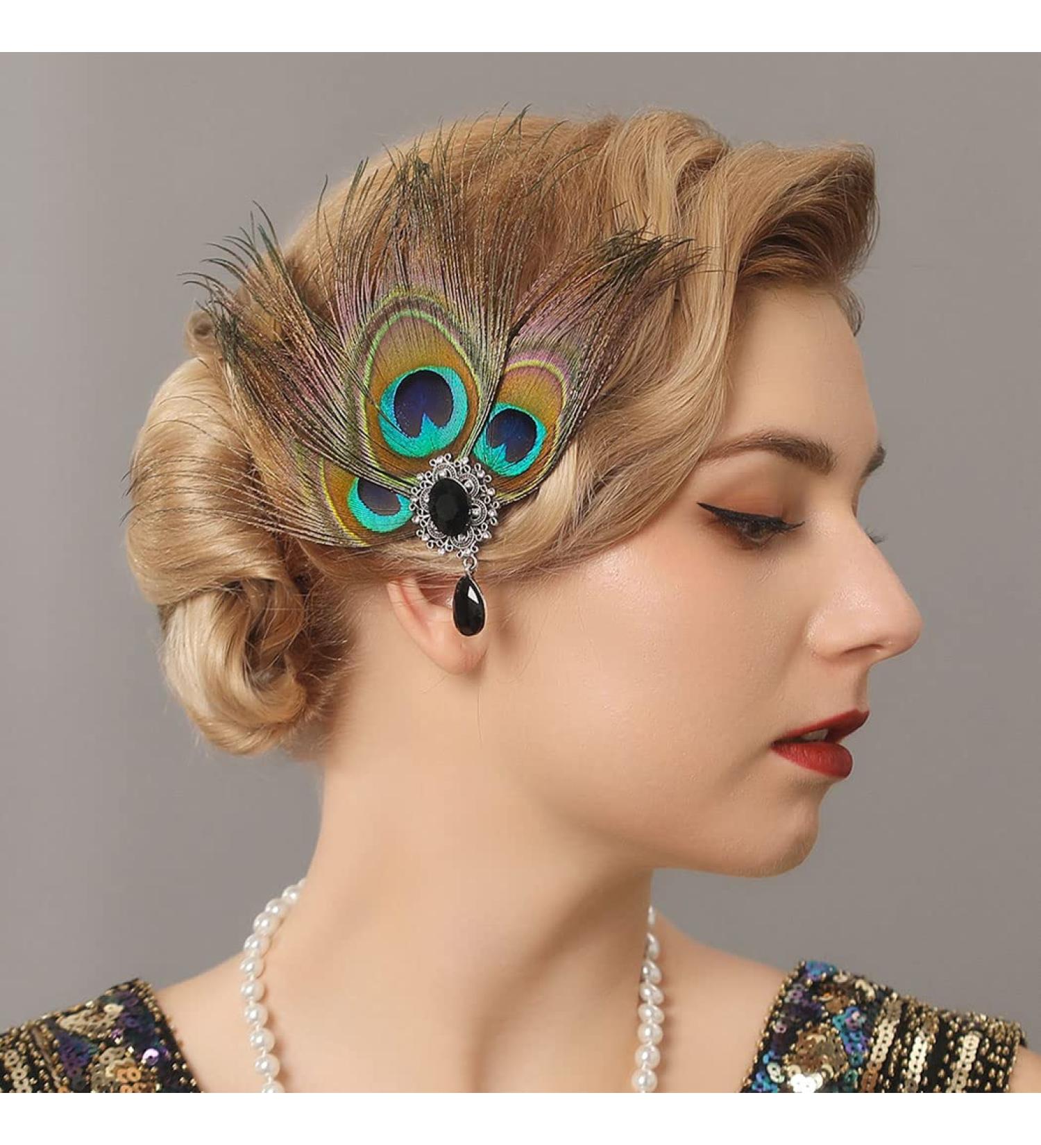 Gortin 1920s Flapper Hair Clip - Great Gatsby Peacock Feather Headpiece for Roaring 20s Prom Party - Crystal Rhinestone Wedding Hair Pin for Women - Buy Online on GoSupps.com