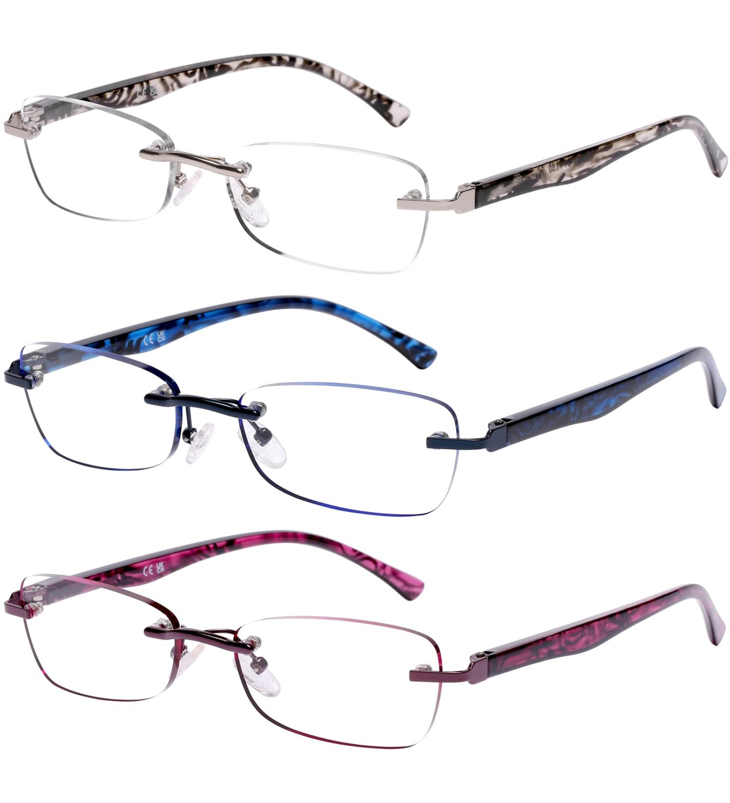 DOOViC 3 Pack Rimless Reading Glasses for Women - Lightweight Blue Light Blocking Readers Elegant Tinted Edge 2.00 Strength 3 Colors - Buy Online on GoSupps.com