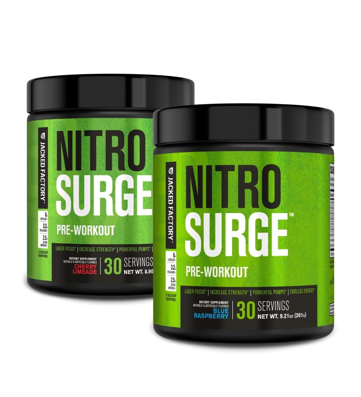 Jacked Factory NITROSURGE Pre Workout Supplement - Endless Energy Instant Strength Gains Clear Focus (Cherry Limeade 30sv & Blue Raspberry 30sv) - Buy Online on GoSupps.com