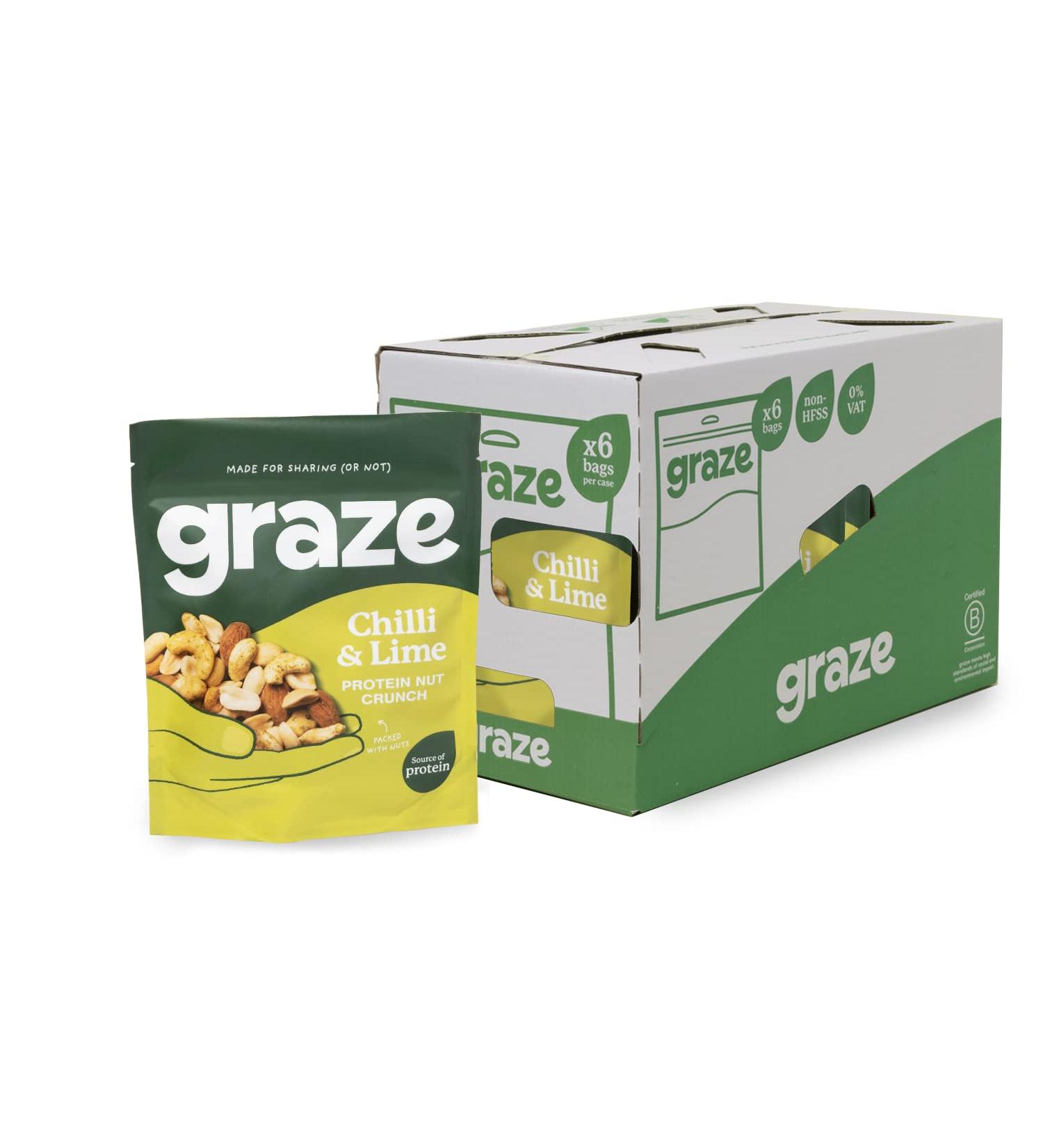 Graze Chilly & Lime Vegan Protein Snacks 100gx6 Bags - Healthy Alternative to Crisps, Mixed Nuts & Pretzels - Buy Online on GoSupps.com