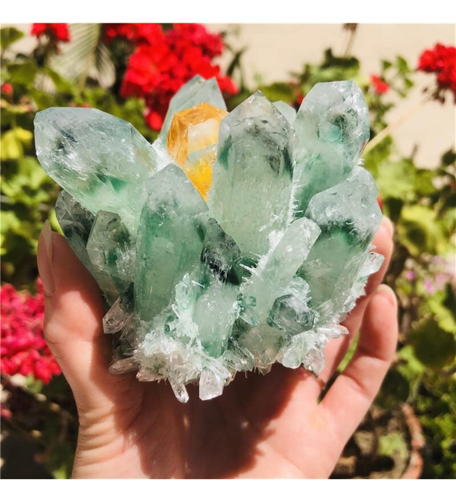 Specimen 500-600g Quartz Cluster Natural Green Ghost Crystal Cluster Inlaid with Yellow Specimen - Buy Online on GoSupps.com