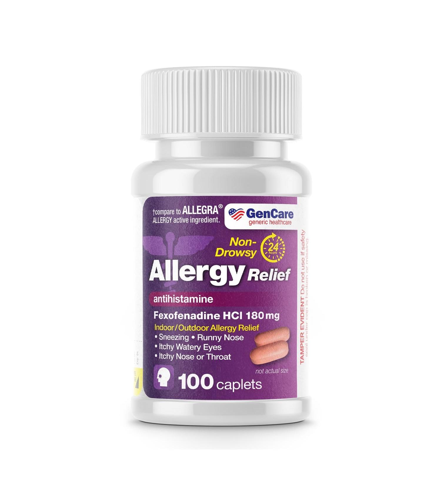 GenCare Allergy Relief Pills - Fexofenadine HCl 180mg | Non-Drowsy Antihistamine for Hay Fever & Seasonal Allergies | 100 Tablets for Indoor & Outdoor Allergy Relief - Buy Online on GoSupps.com