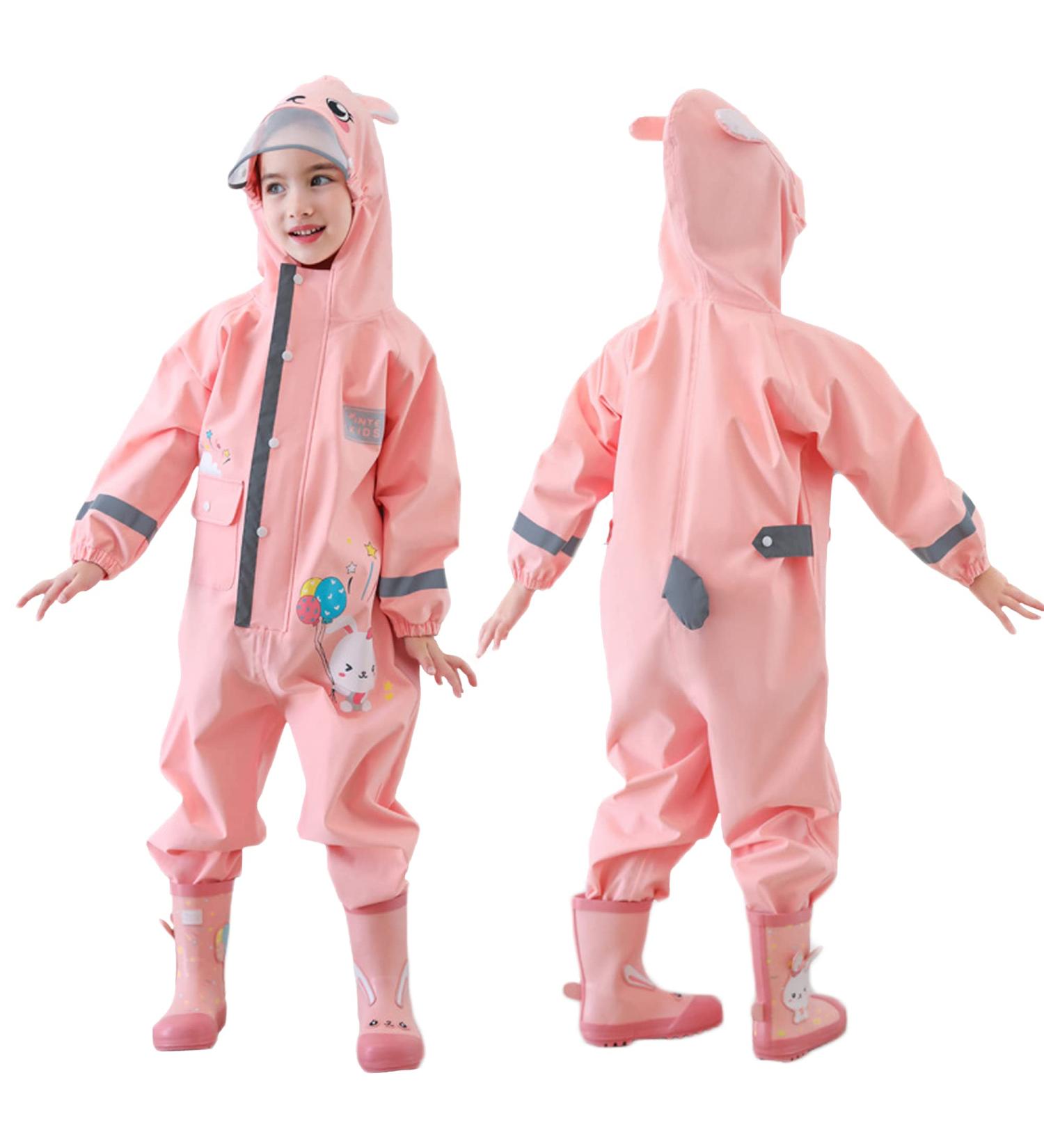 Fewlby Kids Puddle Suit Muddy Suit Waterproof Overalls Hooded Raincoat - Light Pink, M Size 3-4 Years - Buy Online on GoSupps.com