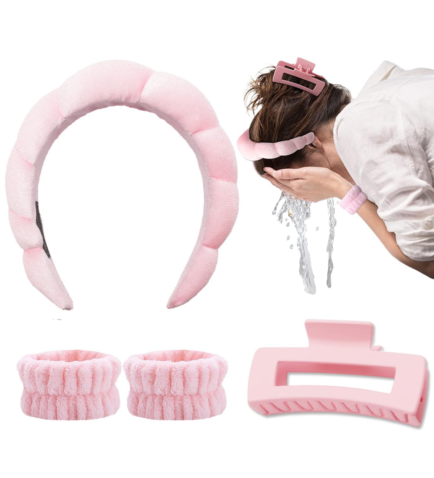 Spa Headband and Wristband Set with Hair Claw Clips | Pink Puffy Sponge Headband | Wrist Towels for Face Washing | Bubble Headband and Scrunchies for Women and Girls - Buy Online on GoSupps.com