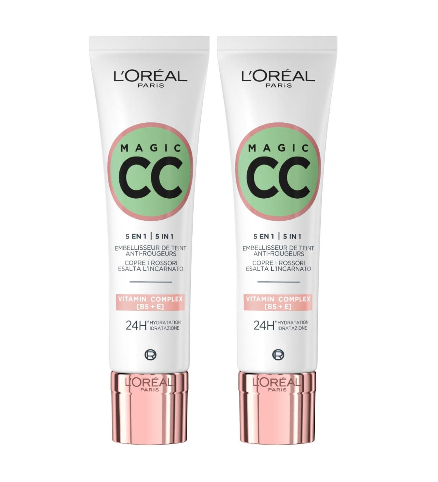 L'Or al Paris Magic CC Cream 24H Moisturizing Anti-Redness Green 5-in-1 Universal Shade - Long-Lasting Velvety Skin Effect - 2 x 30ml Bottles - International Shipping Available - Buy Online on GoSupps.com