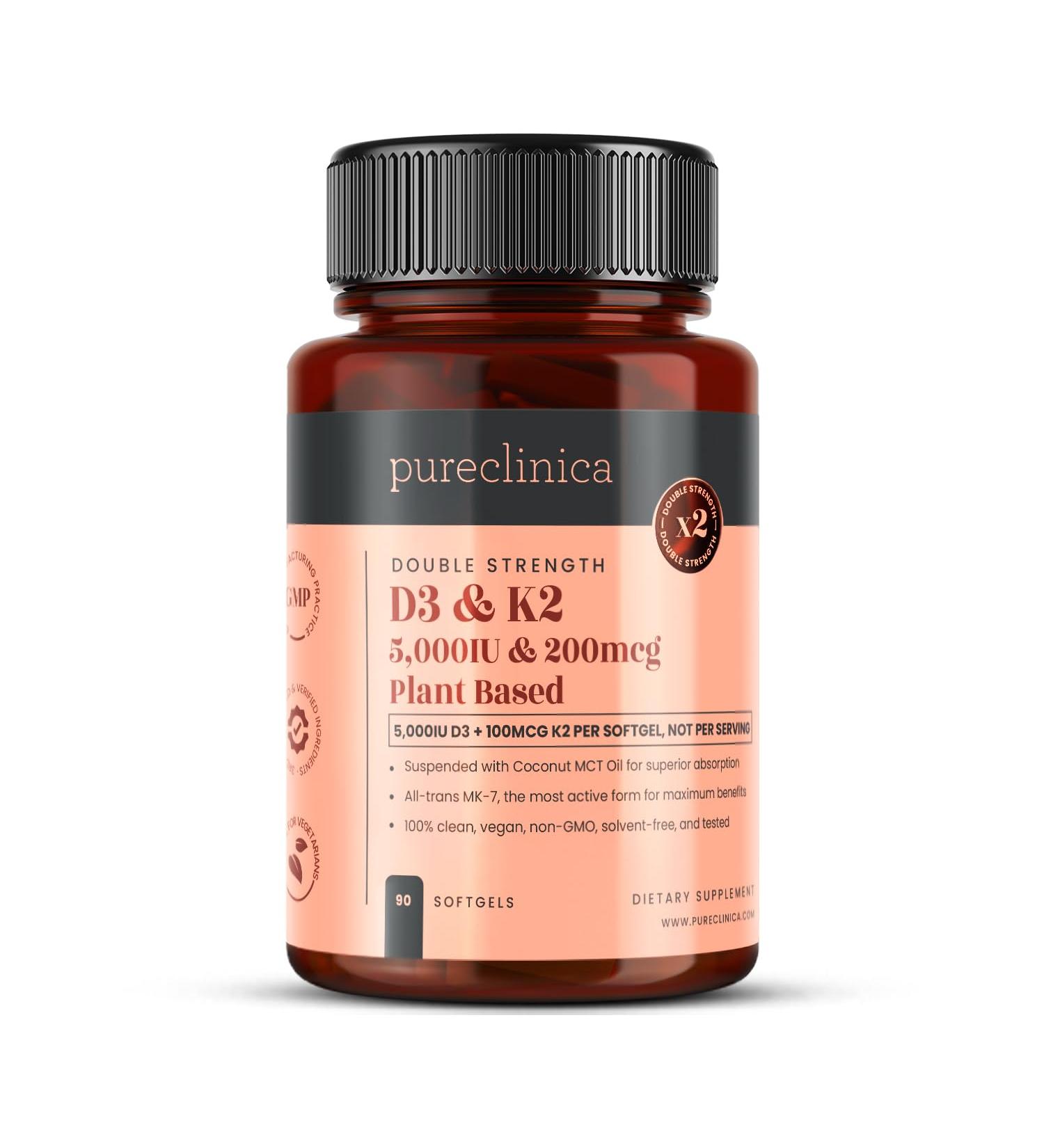 pureclinica Double Strength Vitamin D3 + K2 (MK-7) 5 000 IU D3 + 100mcg K2 x 90 Vegan Softgels Plant-Based Lichen D3 & Natto MK-7 Enhanced Absorption with MCT Oil - 3 Months Supply