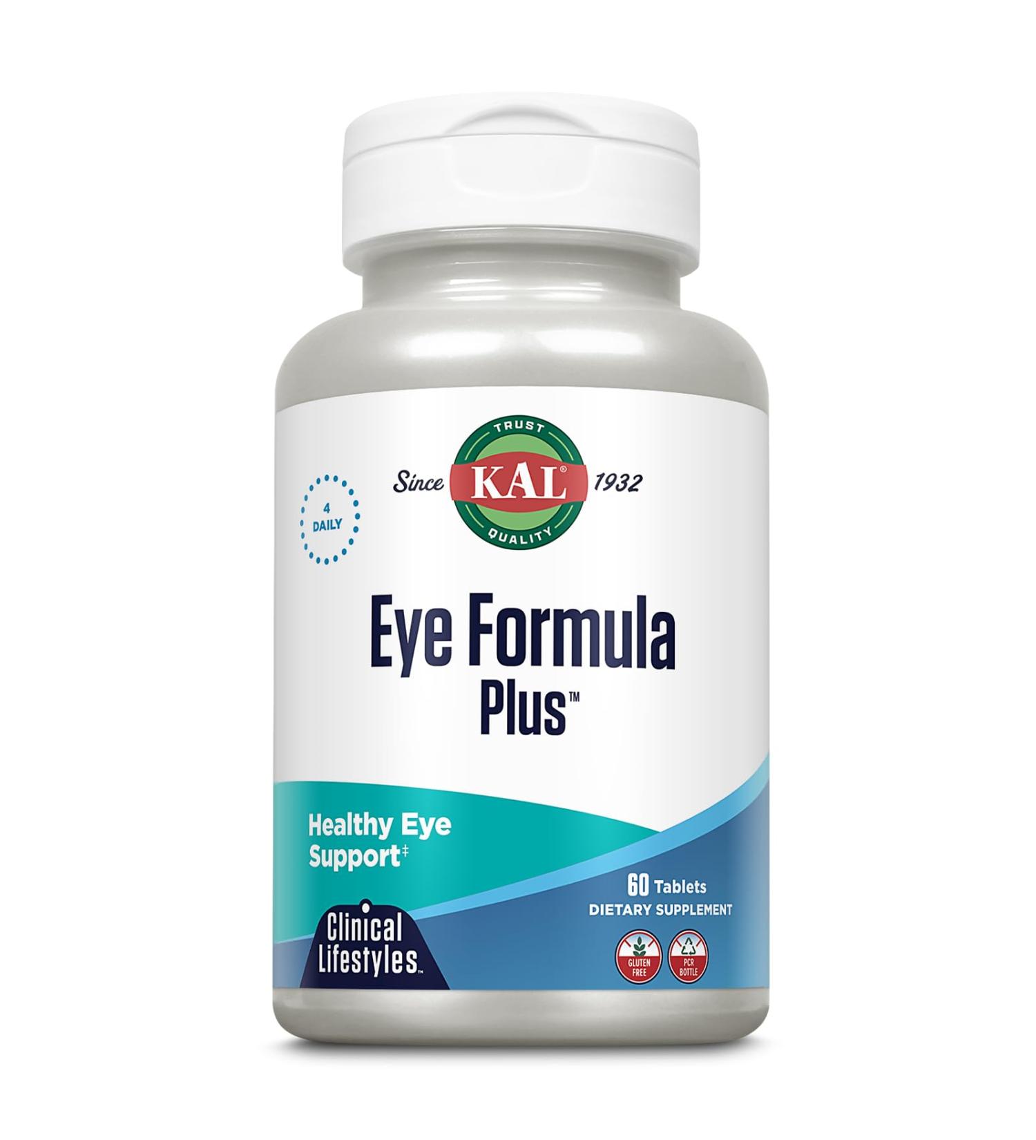 KAL Eye Formula Plus Eye Care and Vision Supplements for Adults with Eye Vitamins Lutein and Zeaxanthin Plus Bilberry Extract Goji and Blueberry Extract 60-Day Guarantee 15 Servings 60 Tablets - Buy Online on GoSupps.com