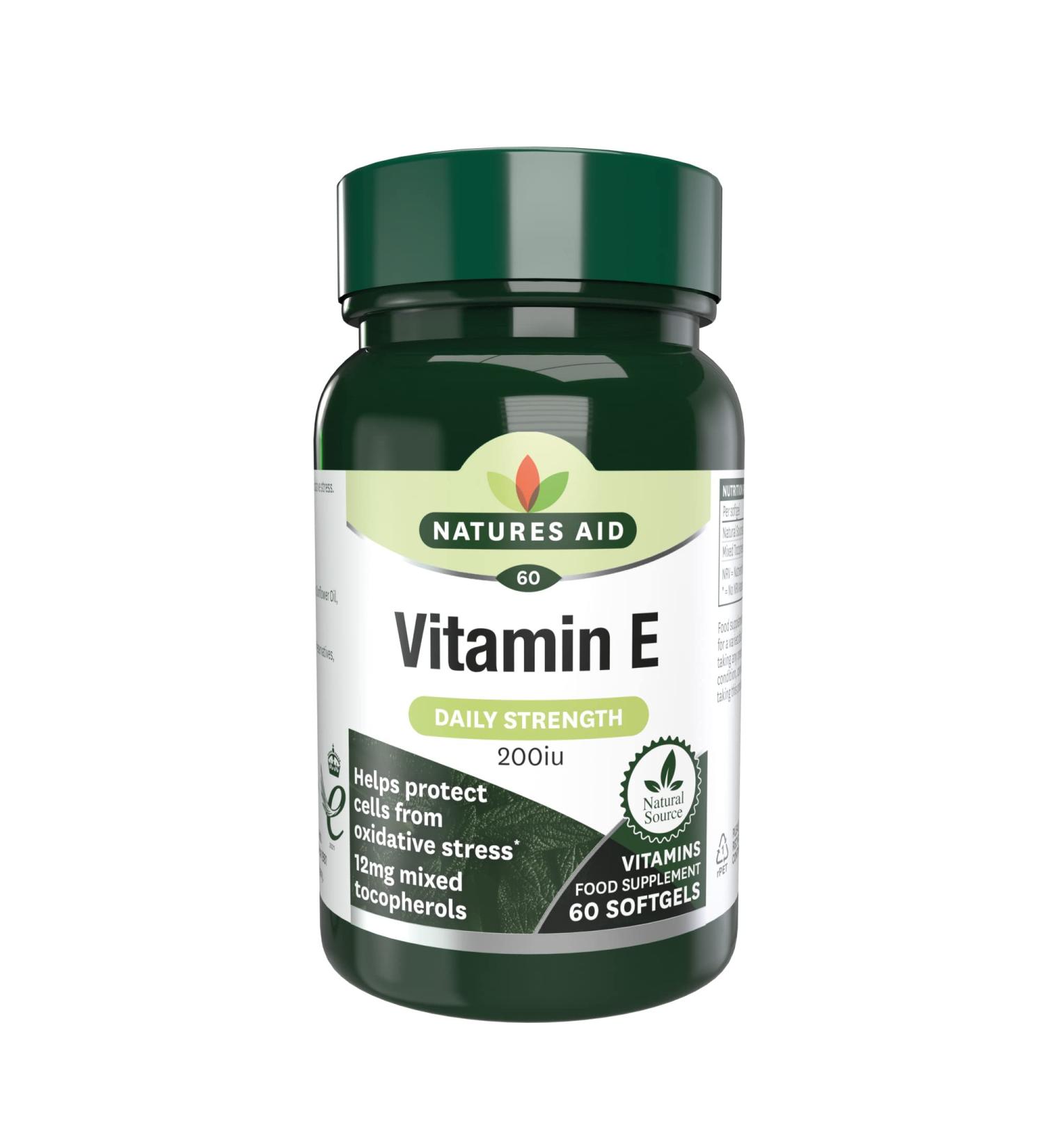 Natures Aid Vitamin E 200iu 60 Softgels (Natural Source Vitamin E Protects Cells from Oxidative Stress Made in the UK) 60 count (Pack of 1) - Buy Online on GoSupps.com