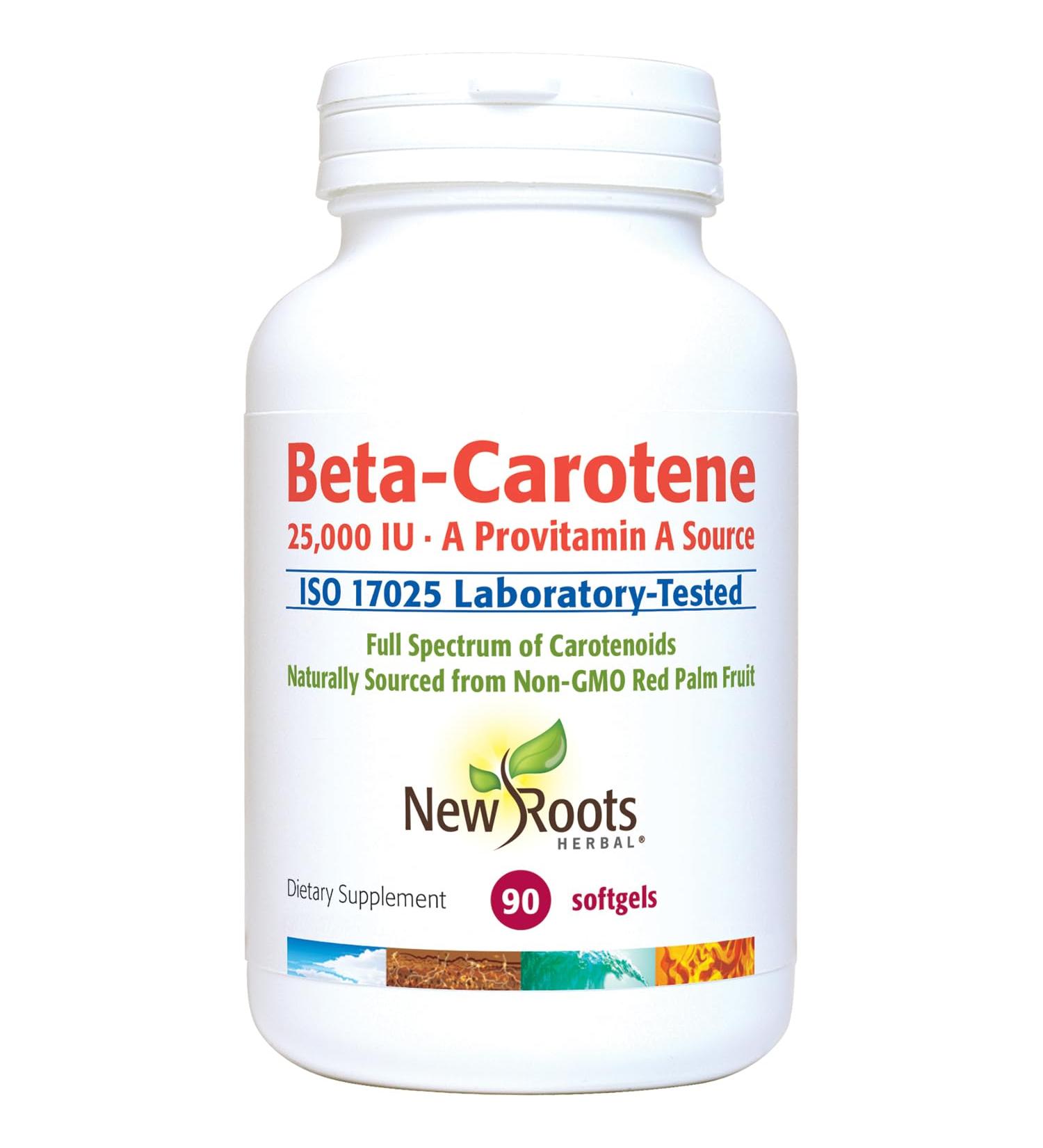 NEW ROOTS HERBAL Beta-Carotene 25 000 IU Supplements | Vitamin A (90 Softgels) | Full Spectrum of Carotenoids | Naturally Sourced from Non-GMO Red Palm Fruit + Organic Flax Seed Oil - Buy Online on GoSupps.com