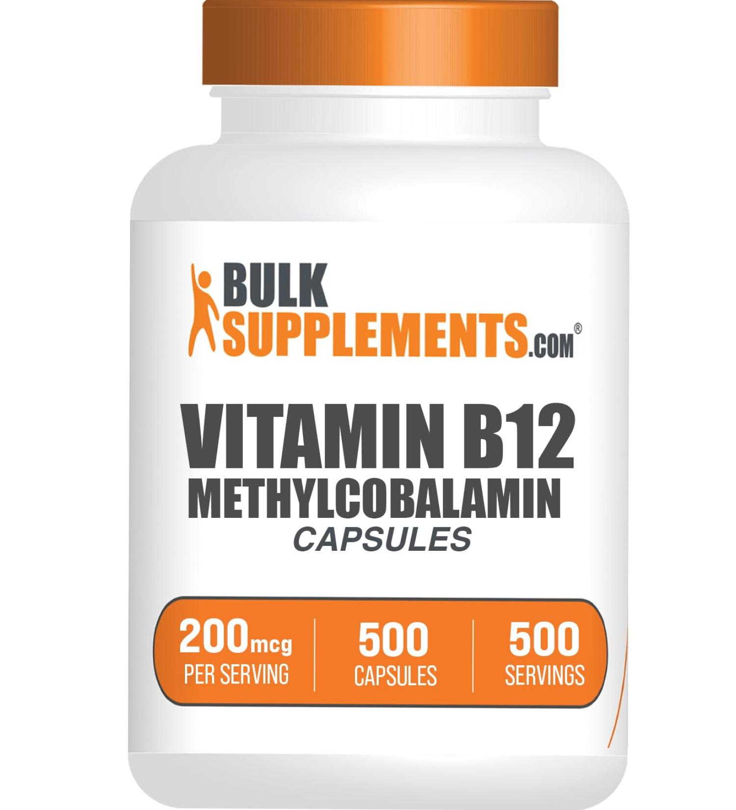 BulkSupplements.com Vitamin B12 Methylcobalamin Capsules - B12 Vitamin Supplement B12 200mcg for Energy Support - Gluten Free 1 Capsule per Serving 500 Capsules (Pack of 1) - Buy Online on GoSupps.com