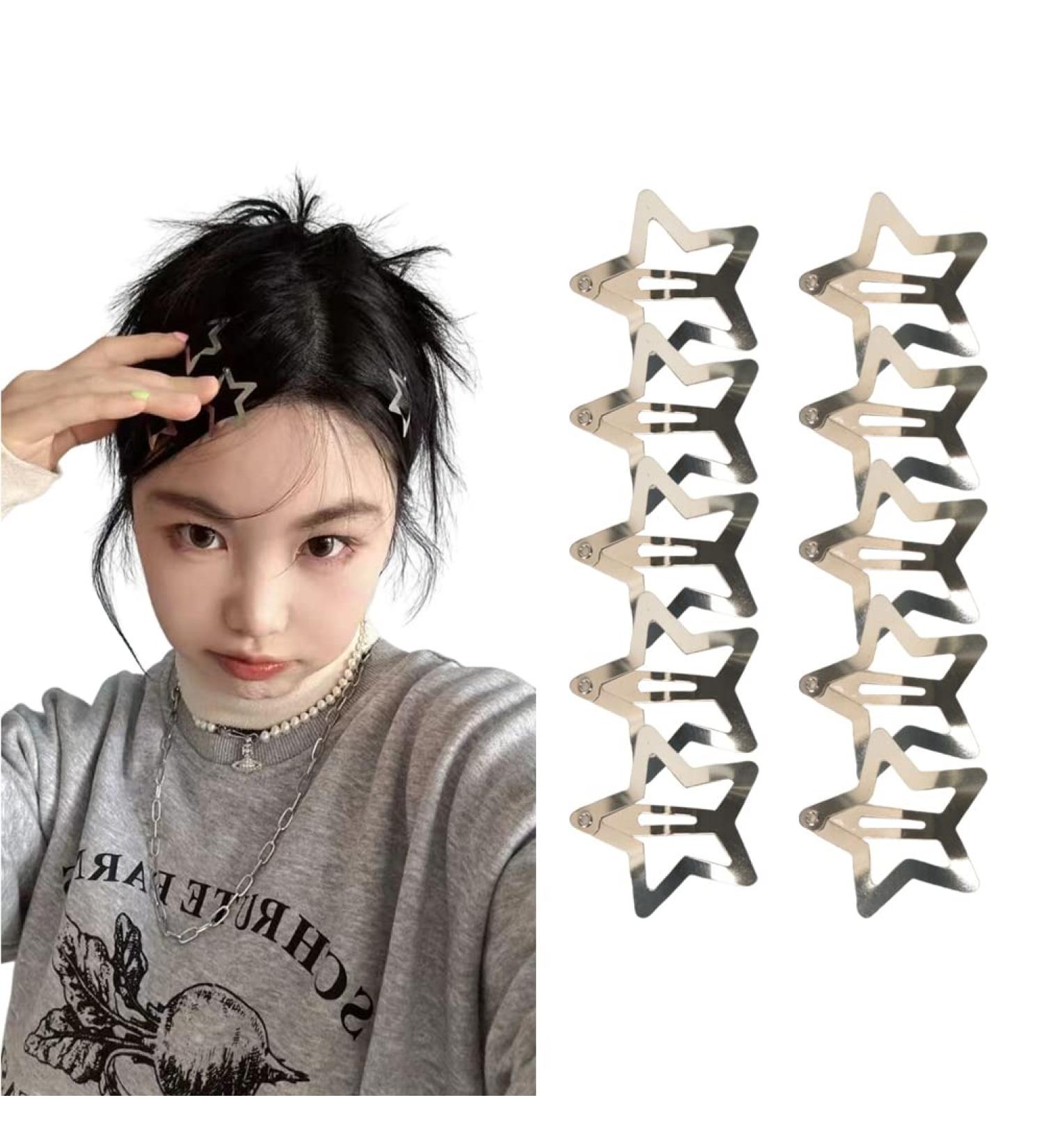 Silver Star Snap Hair Clips Set - 10 Pieces Y2K 2000s Girls Hair Barrettes & Headpieces - Buy Online on GoSupps.com