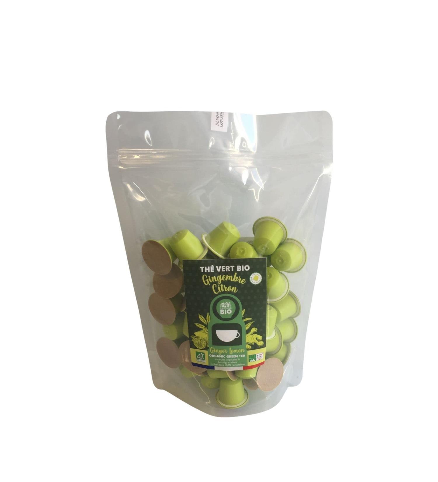 CAPSUL&BIO Organic Ginger and Lemon Green Tea - 50 Biodegradable Capsules - Compatible with Nespresso machines - 100% Vegetable - Fast and Healthy - Made in France - Buy Online on GoSupps.com